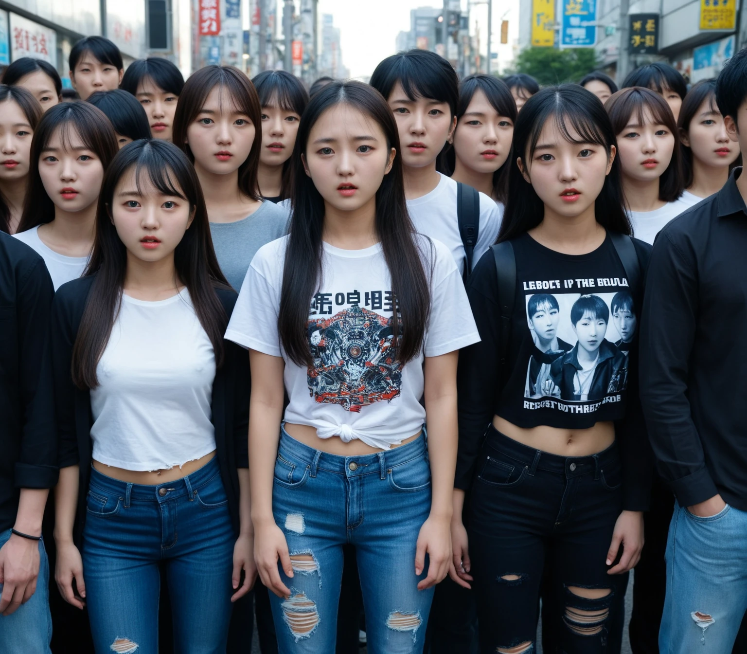 (1080p Full HD Resolution:2.5), Cinematic, (epic masterpiece), cinematic color grading, vivid colors, (Dynamic Lighting:1.5), Medium long shot, group of different looking men and women, A stunningly beautiful looking (20 year old Korean girl:2), she has long gradient black inner hair, (wearing old  torn shirts and ripped jeans:1.6), with a group of people with different faces, and a mixture of many ethnicities, (living in a world where the words [girl and female] are offensive). Leaders of a rebellion against a tyrannical government that controls people's thoughts, emotions and language in the name of equality. Their angry protests are ridiculed by the self-righteous elite. Leading to a chaotic rebellion. Highly detailed background, creative composition, intricate details, epic, movie still