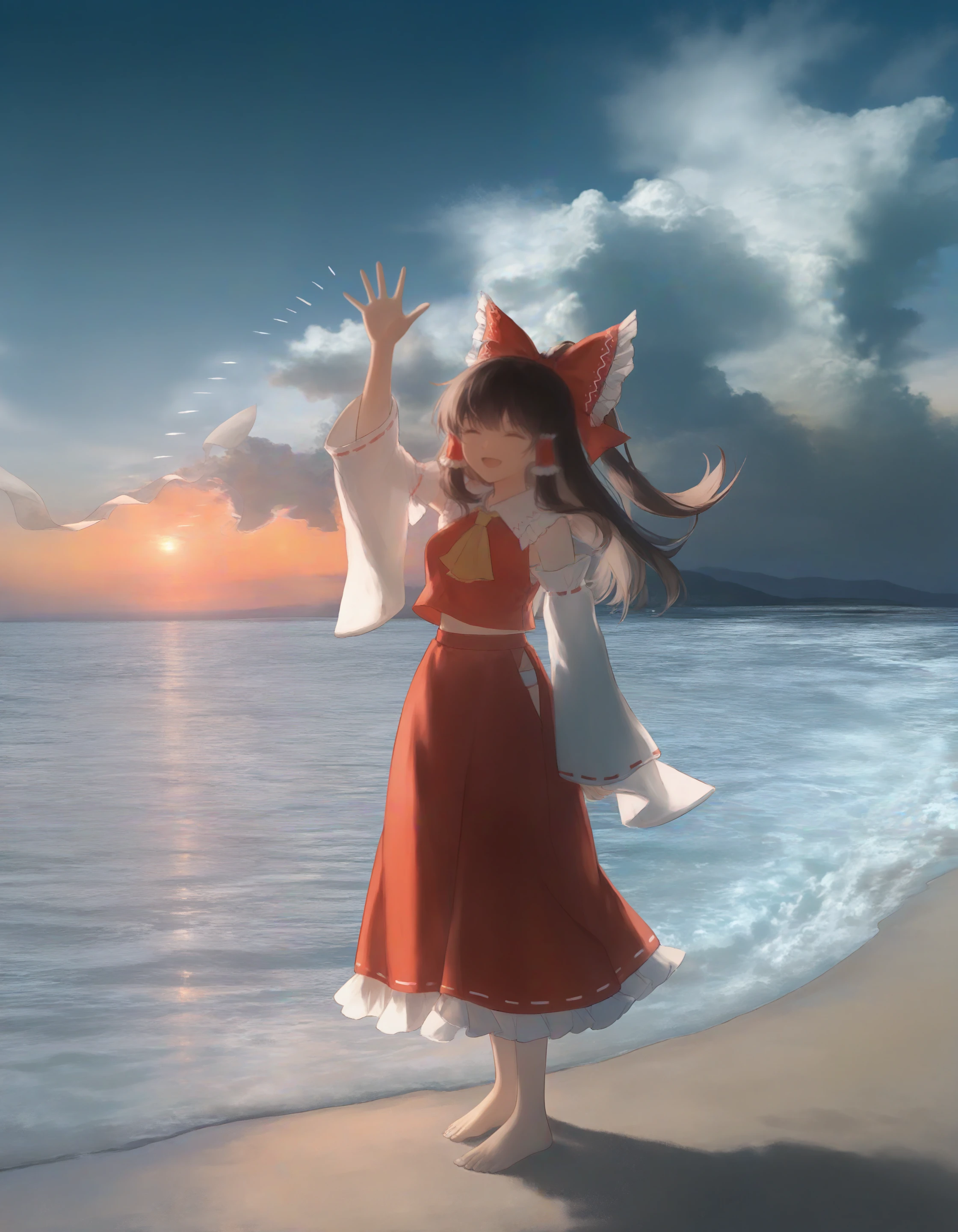 masterpiece, best quality, highres, very awa, very aesthetic, glutton1111, <break>  1girl,, hakurei reimu, ocean, :d, closed eyes, waves, cowboy shot, cloud, sunset, scenery, barefoot, sand, standing, yellow ascot, waving, face focus, 

