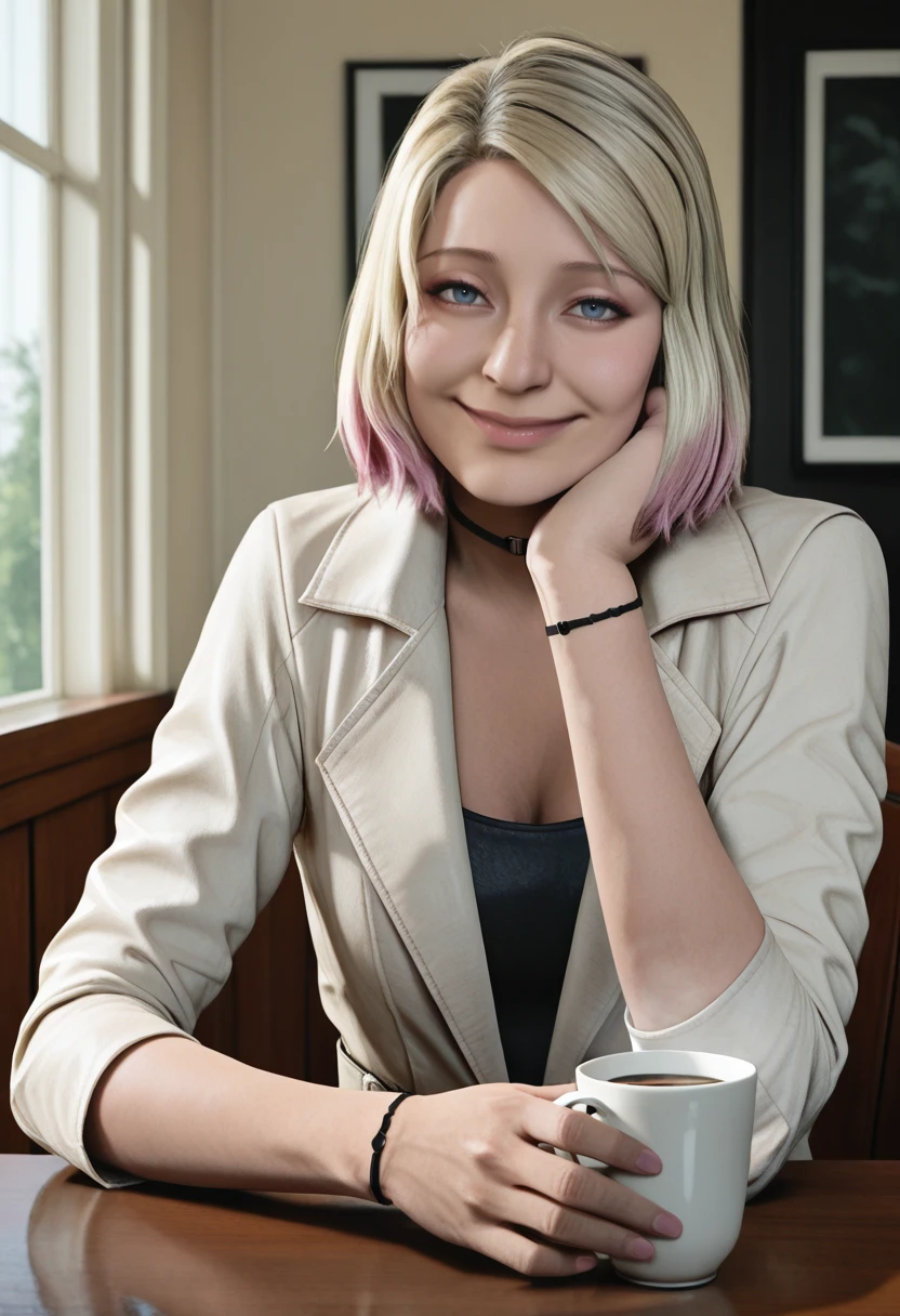 very awa, masterpiece, best quality, absurdres, newest, perfect quality, detailed background, intricate details
<lora:ILSH2RMaria:1>
SH2RMaria, 1girl, blue eyes, blonde hair, pink hair, gradient hair, short hair, realistic, looking at viewer, sitting at a table, cup of coffee, black and white clothing, smile