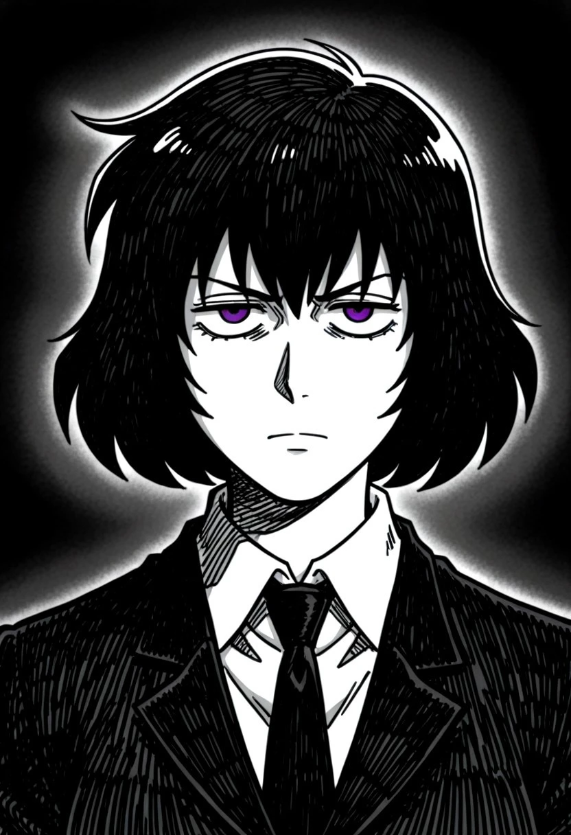 1girl,
anime-style, chain-sumeragi, chin-length-black-hair, purple-eyes, mob-psycho-funny-face, female-focus, monochrome, greyscale, impact-lines, meme, parody, serious-expression, deadpan-face, black-suit, white-shirt, tie, portrait-view, cross-hatching, sketch-style, dramatic-shading, kekkai-sensen-setting, anime-art-style