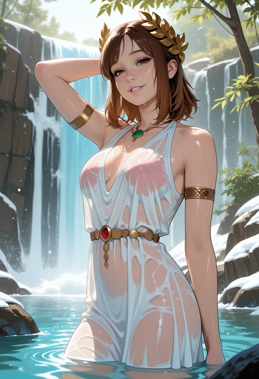 very awa, masterpiece, best quality, absurdres, newest, perfect quality, detailed background, intricate details,
<lora:ILSH2RAngela:1>
SH2RAngela, 1girl, brown hair, medium hair, brown eyes, ancient greek clothes, sleeveless, (peplos), jewelry, (laurel crown:1.2), hair ornament, armlet, outdoors, waterfall, day, water, rock, waves, wading, snow, partially submerged, wet clothes, see-through, wet dress, see-through dress, looking at viewer, arm up, smile, parted lips