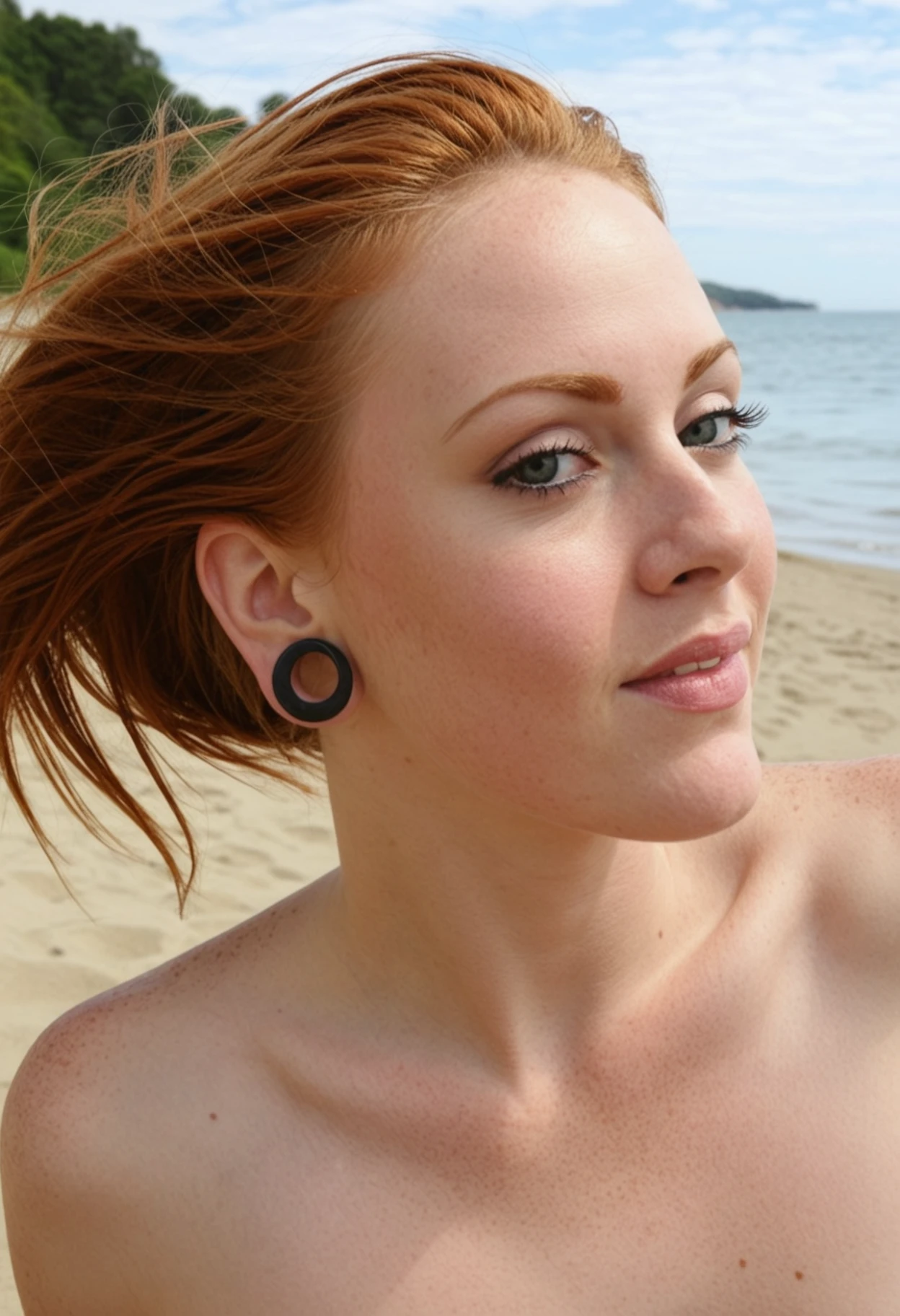 Portrait of a ginger-haired beauty against the backdrop of a beach

UZ_tunnels, ears plug, 