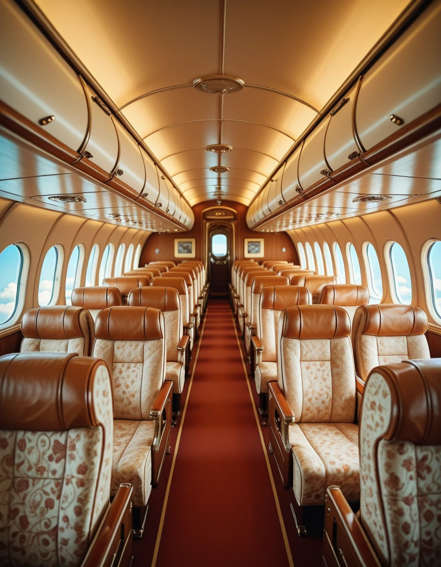 A retro airplane interior from the golden age of air travel, completely empty of people. Rows of wide, plush seats upholstered in rich, patterned fabric face forward, with ample legroom and polished wooden armrests. Overhead storage bins are replaced by open luggage racks, lined with brass rails. Soft, warm lighting glows from art decoâstyle fixtures along the ceiling, reflecting off chrome accents and glossy paneling. Large oval windows offer glimpses of a bright blue sky and drifting clouds. The cabin exudes a sense of elegance and nostalgia, with every detail evoking the glamour of mid-20th-century aviation.retro airplane 1nt3r10r, <lora:retro_airplane_1nt3r10r-i:1>, Masterpiece,best quality,hi res,8k,hi res,8k,award winning,(sharp focus, intricate, highly detailed),