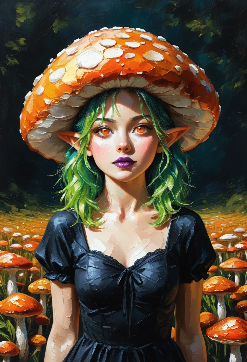 (masterpiece, best quality, ultra-detailed, amazing quality, high resolution, perfect details) very aesthetic, BSS_LPNTG, oil painting, detailed drawing, traditional media, painting (medium), acrylic paint (medium), painterly, 1girl, black dress, orange eyes, no pupils, stands in a mushroom field, portrait, looking at viewer, purple lipstick, glowing, green hair, mushroom hat, elf ears, dark theme