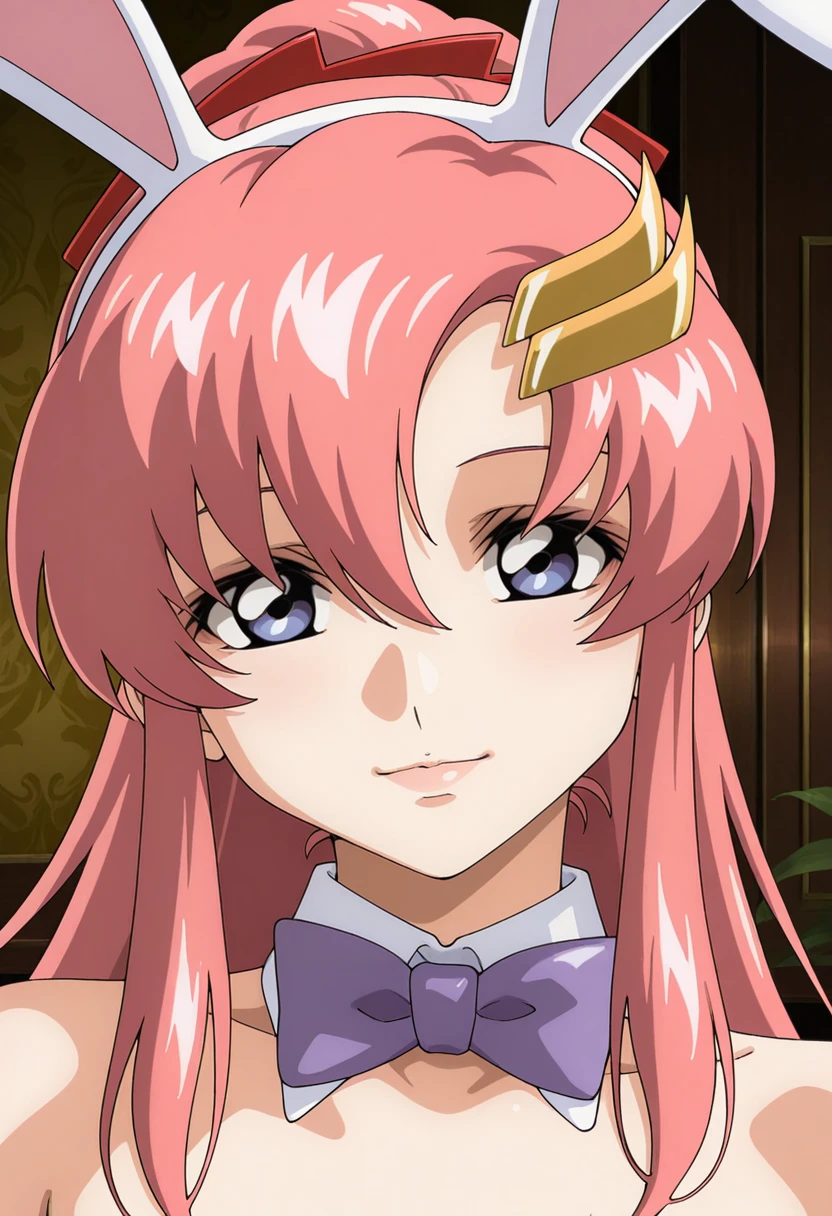 masterpiece,best quality,amazing quality,very aesthetic,absurdres,  <lora:lacus_c_IL1-160007:0.9> lacus_c, 1girl, anime coloring, retro artstyle, solo, long hair, ponytail, pink hair, hair between eyes, hair ornament, playboy hair ribbon, red ribbon, purple eyes, lacus playboy , rabbit ears, white strapless leotard, purple bowtie, detached collar,,portrait, light smile, closed mouth,  looking at viewer,