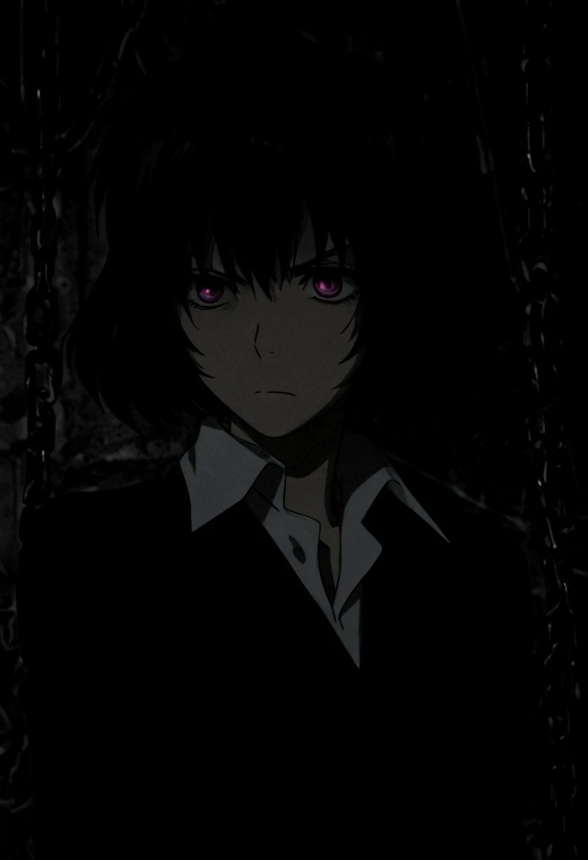 chain sumeragi, bob cut, black hair, purple eyes, pale skin, white shirt, black suit, masterpiece, best quality, portrait, close-up, serious expression, detailed face, professional lighting, sharp focus, anime style, high contrast shadows, elegant composition, formal attire, business professional