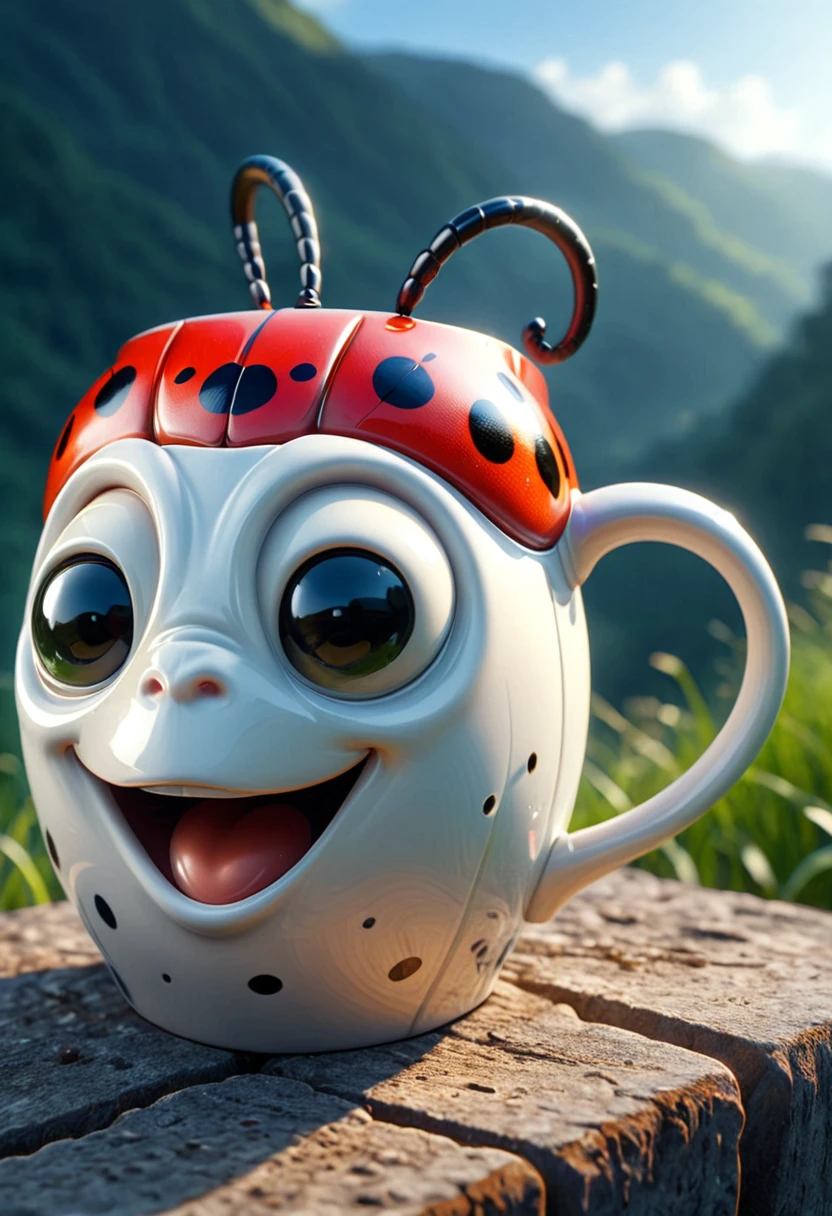 A ladybug as a mug in mobe-ancofmu style, smile expression, from side angle, in a natur background, masterpiece, absurdres, dynamic angle, highly detailed, <lora:AnthropomorphicCoffeeMugV2.0:1>,