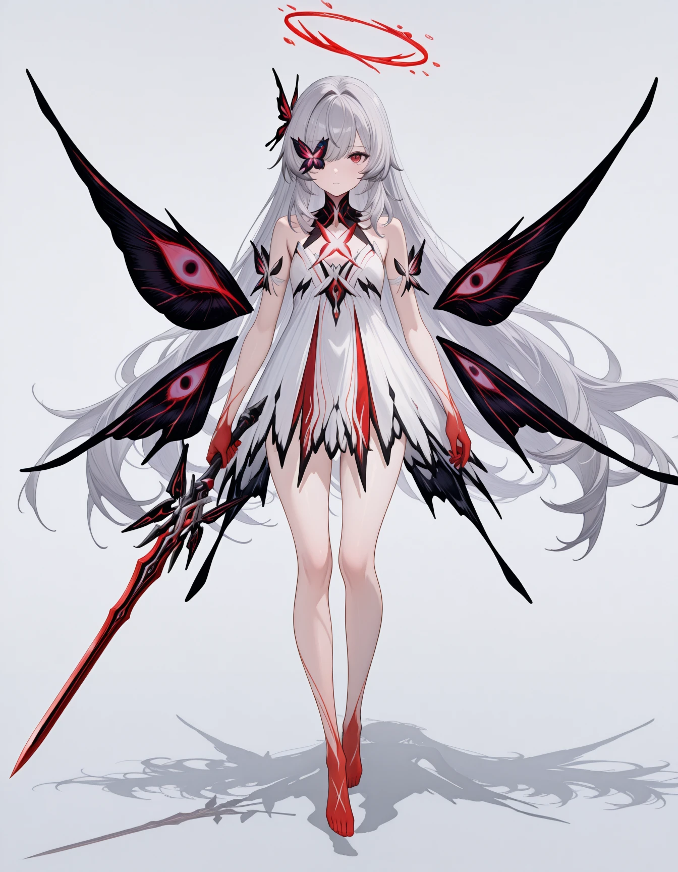 masterpiece,best quality,amazing quality,very aesthetic,high resolution,ultra detailed,perfect details,
1girl,solo,red eyes,maipgrchaos,1girl,solo,long_hair,looking_at_viewer,hair_ornament,red_eyes,dress,holding,closed_mouth,bare_shoulders,very_long_hair,full_body,grey_hair,weapon,sidelocks,wings,barefoot,sword,grey_background,white_dress,holding_weapon,bare_legs,shadow,holding_sword,floating,butterfly_hair_ornament,insect_wings,floating_object,butterfly_wings,multiple_wings,gradient_skin,hair down,butterfly over eye,no halo,red halo,
mai_style,<lora:mai_pgr_chaos:0.8>,<lora:maipgrstyle:2.2>,maipgrstyle,