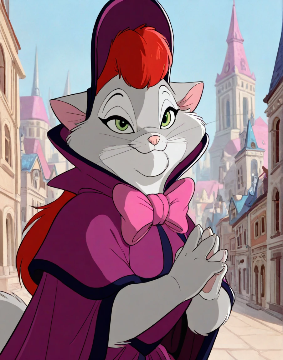 masterpiece,best quality,amazing quality, absurdres, solo, city, day,
miss kitty, female, anthro, cat, grey fur, green eyes, red hair, cloak, bonnet, bow, hands together, closed mouth, smile, looking at viewer,
by smiju,by cydonia xia,by winter nacht,  <lora:MissKittyXL_053-Illus-nd32-na32-lr1-b2-ep08:1>