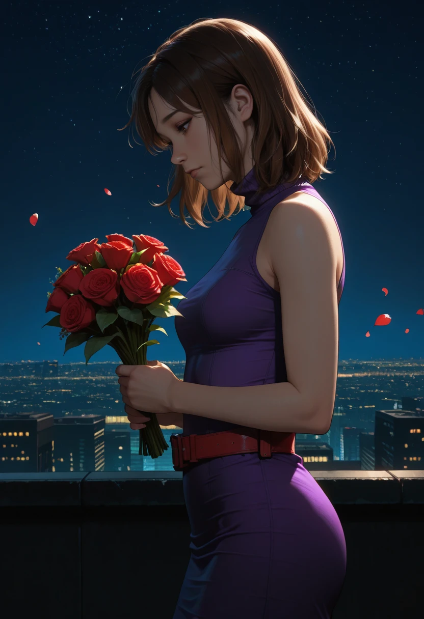 very awa, masterpiece, best quality, absurdres, newest, perfect quality, detailed background, intricate details,
<lora:ILSH2RAngela:1>
SH2RAngela, 1girl, brown hair, medium hair, brown eyes, outdoors, rooftop, cityscape, building, holding bouquet, bouquet, from side, looking down,purple dress, sleeveless dress, turtleneck dress, utility belt, red belt, taut dress, taut clothes, night, starry sky, petals, wind, city lights, dark theme, dim lighting, dark background, backlighting, closed mouth