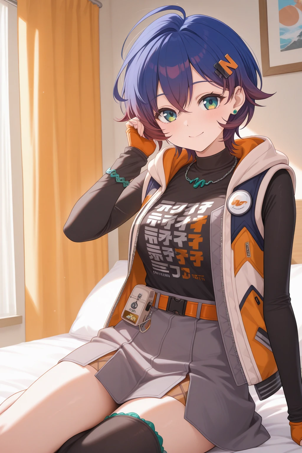 very awa, (vivid colors), detailed eyes, shining eyes, masterpiece, best quality, ultra-detailed, (8k), (hdr), (ultra-detailed), absurdres, looking at viewer, solo, 1girl, girl, indoors, bedroom, day, smile, aabelle, green eyes, blue hair, multicolored hair, ahoge, belledef, hairclip, stud earrings, necklace, black shirt, clothes writing, long sleeves, multicolored jacket, sleeveless jacket, hood down, open jacket, orange gloves, single glove, fingerless gloves, orange belt, grey skirt, high-waist skirt, layered skirt, single thighhigh, black thighhighs, ((sitting, yokozuwari, cowboy shot))