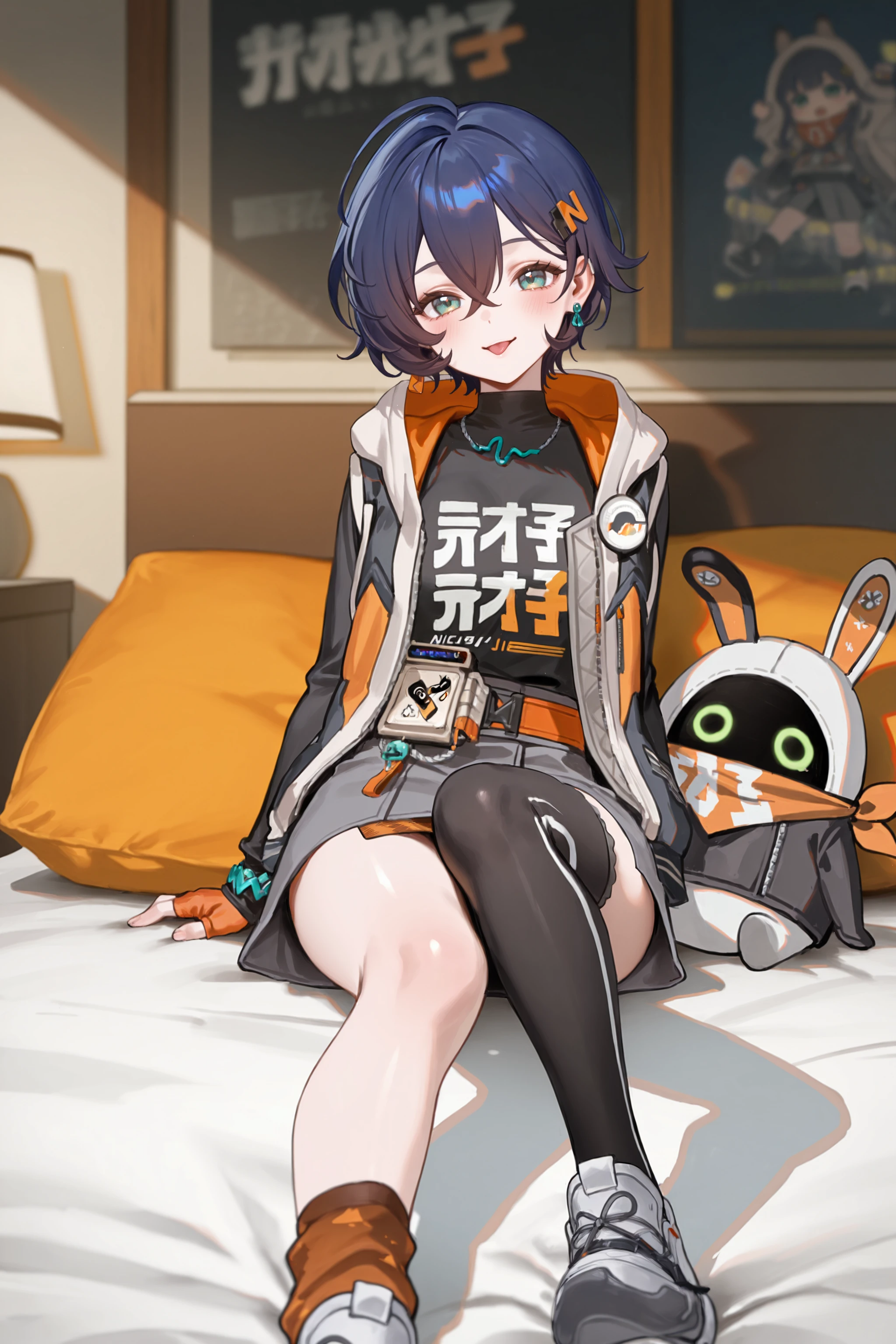 1girl, belle \(zenless zone zero\), solo, letter hairclip, earrings, necklace, black shirt, sleeveless hooded jacket, single fingerless glove, single fingerless glove, bracelet, grey layered skirt, single black thighhigh, single orange sock, asymmetrical legwear, sneakers, sitting, bedroom, reclining, light smile, blush, open mouth, tongue out, looking at viewer, depth of field <lora:Char-ZZZ-Belle-V2-IL:0.9:hr=0.6>, mimoza \(96mimo414\), rei \(sanbonzakura\), mochi \(circle rin\), (rhasta, yonchan, watao, minaba hideo:0.95)
masterpiece, best quality, amazing quality, very aesthetic, absurdres, newest, (scenery, volumetric lighting)