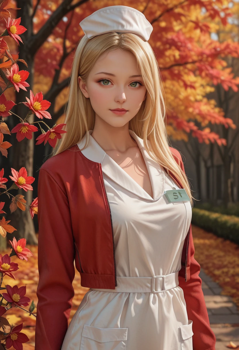 very awa, masterpiece, best quality, absurdres, newest, perfect quality, detailed background, intricate details
<lora:ILSHL1sa:1>
SHL1sa, 1girl, long hair, blonde hair, green eyes, nurse cap, nurse, red jacket, looking at viewer, in autumn,seasonal flower,seasonal background,flower background, seasonal clothes, dynamic posing