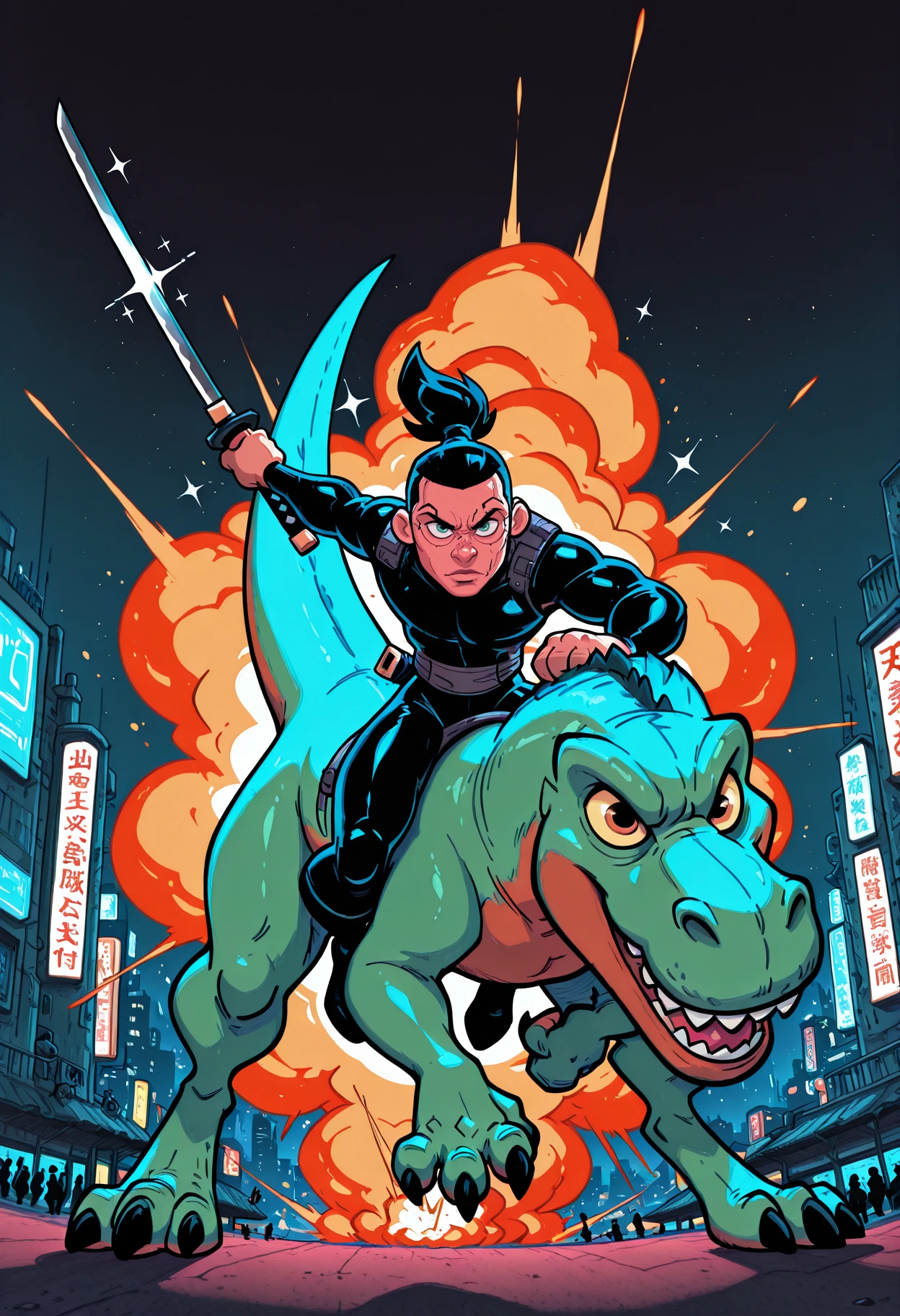 masterpiece,best quality,amazing quality,4k,high resolution,absurdres,newest,outdoors,cyberpunk city,night time,1man,ninja,holding a katana,riding a dinosaur,charging,male focus,dynamic pose,action,foreshortening,dynamic angle,looking at viewer,sparkles,explosion,volumetric lighting,dynamic angle,<lora:Dunno:1>,