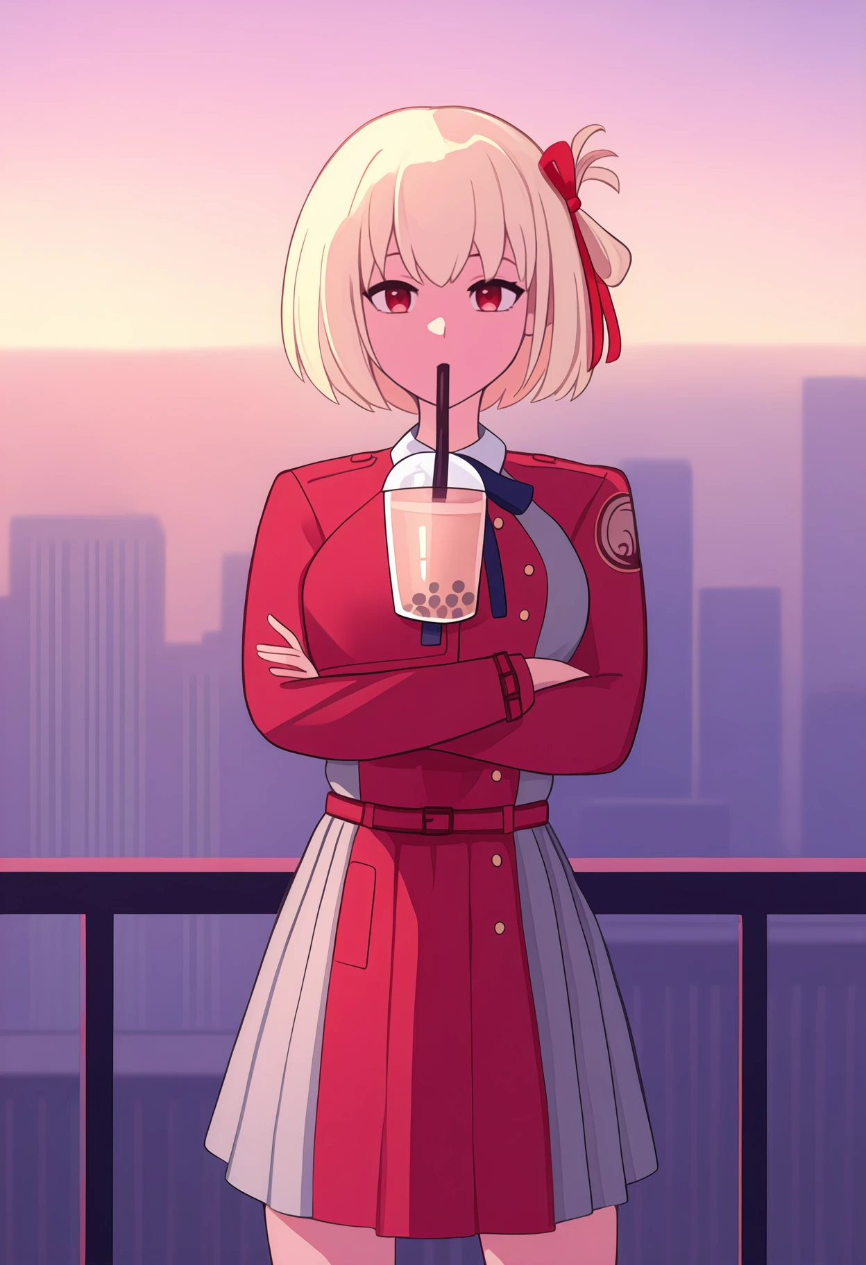 newest, solo, 1girl, chnsh, drinking straw in mouth, looking at viewer, bubble tea challenge, standing, crossed arms, medium breasts, blonde hair, red eyes, short hair, one side up, hair ribbon, red ribbon, blue neck ribbon, two-tone dress, red dress, grey dress, pleated dress, long sleeves, white collared shirt, red belt, outdoors, sunset, urban, city, rooftop, cityscape, skyscraper
<segment:yolo-Anzhc Face seg 640 v3 y11n.pt,0.5,0.5//cid=11>