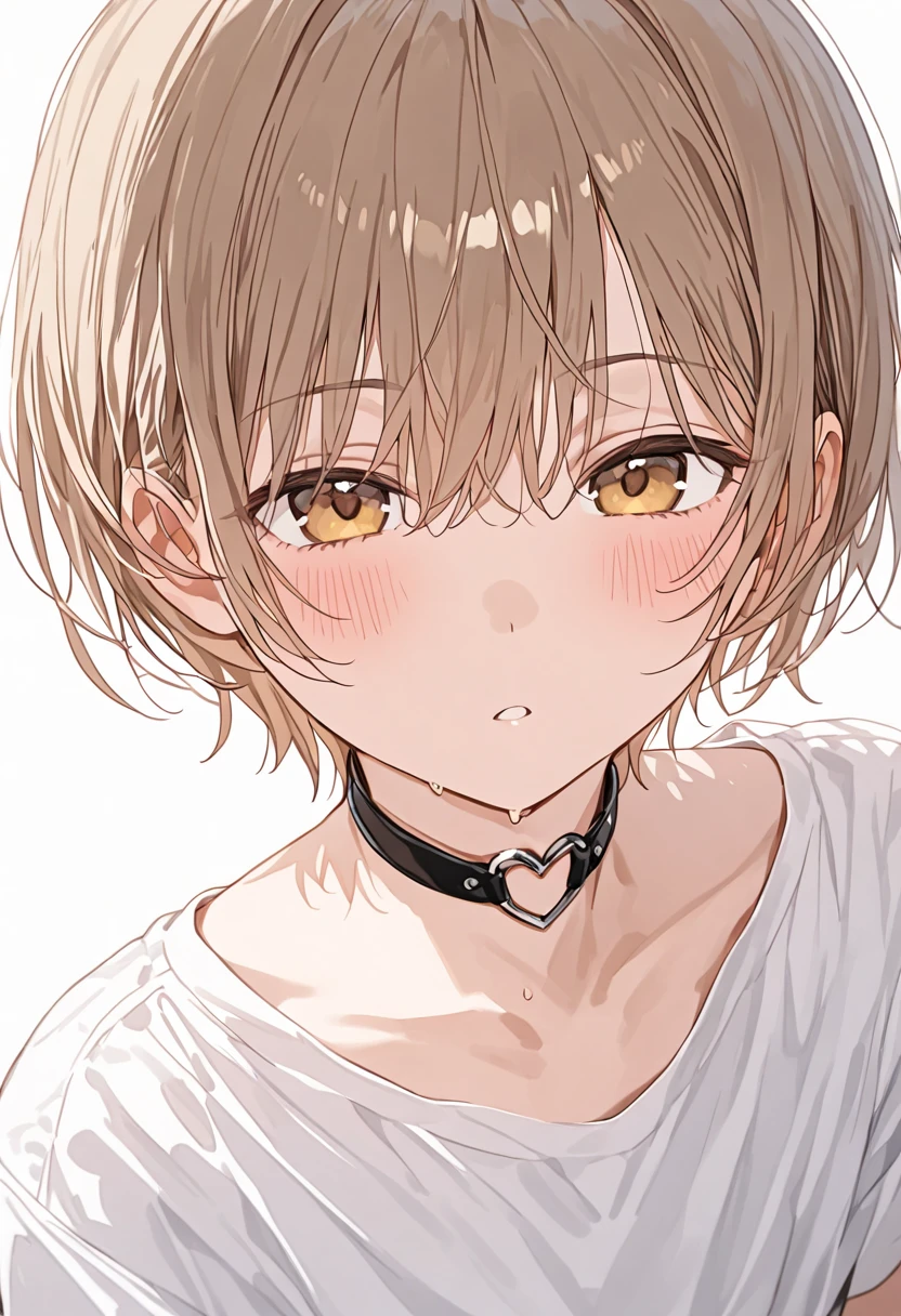1boy, solo, otoko no ko, heart o-ring choker, short hair, white background, white shirt <lora:Heart_O-Ring_Choker_V1.1:1>