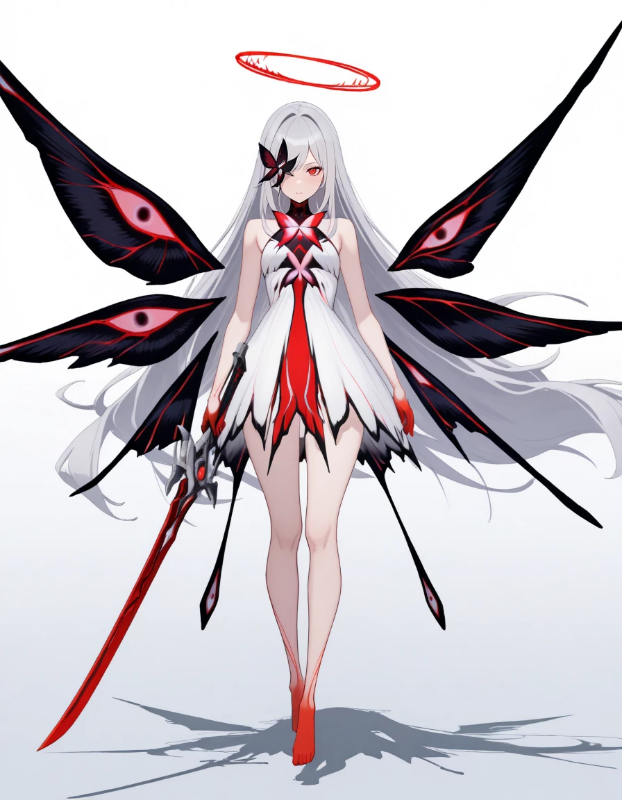 masterpiece,best quality,amazing quality,very aesthetic,high resolution,ultra detailed,perfect details,
1girl,solo,looking_at_viewer,shadow,<lora:mai_pgr_chaos:0.8>,maipgrchaos,very_long_hair,red_eyes,bare_shoulders,grey_hair,sidelocks,butterfly over eye,white_dress,floating,multiple_wings,barefoot,no halo,red halo,holding_sword,
<lora:nhl-001:1>,nhl-001,