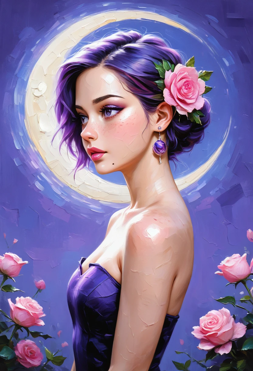 (masterpiece, best quality, ultra-detailed, amazing quality, high resolution, perfect details) very aesthetic, BSS_LPNTG, oil painting, detailed drawing, 1girl, solo, , looking at viewer, short hair, hair ornament, dress, jewelry, shoulders, purple eyes, upper body, purple hair, flower, earrings, small , parted lips, teeth, hair flower, mole, blurry, from side, looking to the side, eyelashes, lips, strapless, makeup, rose, leaf, moon, plant, lipstick, mole under mouth, pink flower, strapless dress, freckles, purple background, nose, vines, crescent moon, pink rose, purple theme, purple rose, thorns, mascara, mole on cheek, perfect eyes