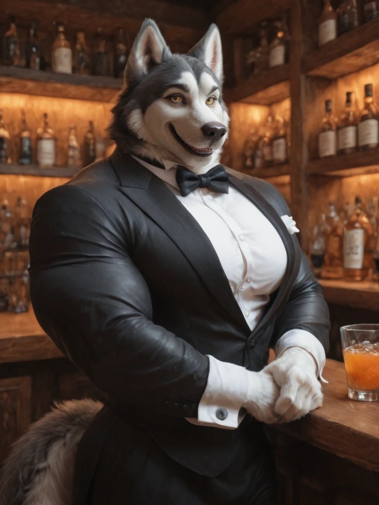 masterpiece, best quality, realistic, furry, male, dog, husky, huge muscle, black tuxedo suit, bartender, behind bar, bowtie, yellow eye, drinks, smile, kemono, short hair