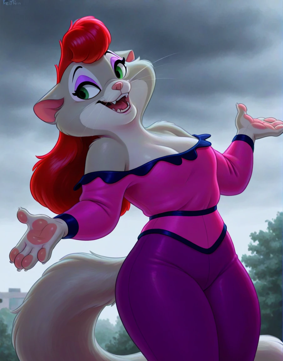 masterpiece,best quality,amazing quality, absurdres, solo, overcast,
miss kitty, female, anthro, cat, grey fur, green eyes, red hair,  hoodie,  pants,   shoulders , , open mouth, smile teeth, shrugging, three-quarter view, looking aside
by patacon,by keffotin,  <lora:MissKittyXL_053-Illus-nd32-na32-lr1-b2-ep08:1>