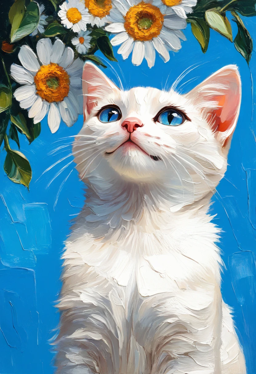(masterpiece, best quality, ultra-detailed, amazing quality, high resolution, perfect details) very aesthetic, BSS_LPNTG, oil painting, detailed drawing, general, solo, blue eyes, closed mouth, upper body, flower, no humans, blue background, animal, leaf, white flower, cat, looking up, reflection, realistic, daisies, animal focus, white fur, whiskers, white cat, daisy