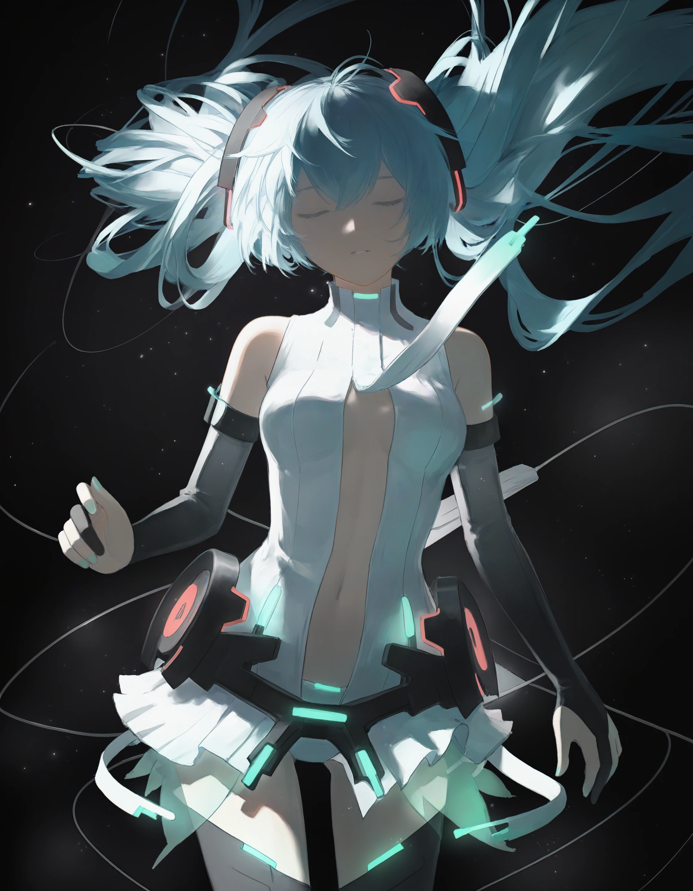 masterpiece, best quality, highres, very awa, very aesthetic, glutton1111, <break> 1girl, hatsune miku \(append\), black background, cowboy shot, close-up, cable, wire, facing viewer, detatched sleeves, light particles, dark theme, sidelighting,