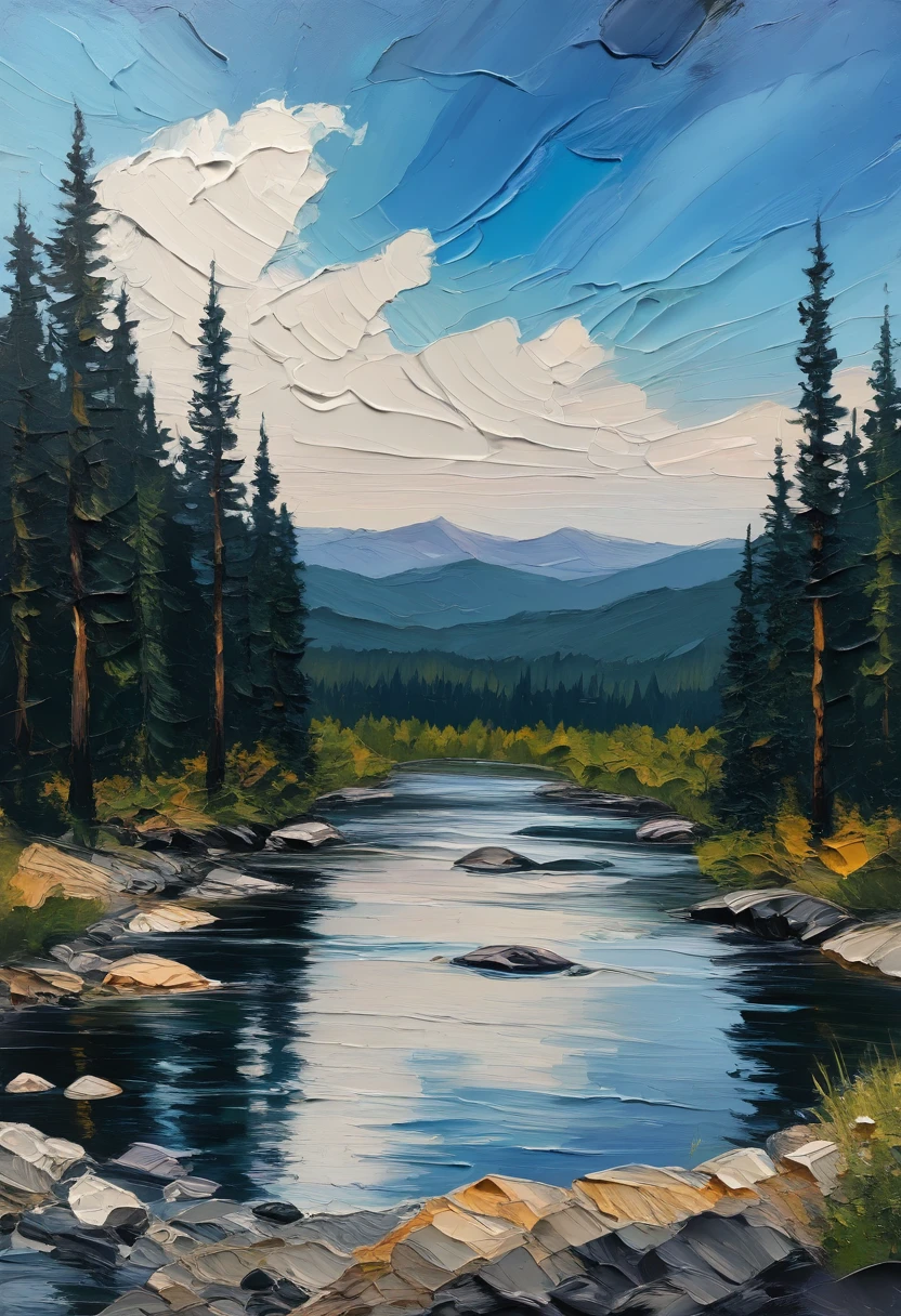 (masterpiece, best quality, ultra-detailed, amazing quality, high resolution, perfect details) very aesthetic, BSS_LPNTG, oil painting, detailed drawing, general, outdoors, sky, day, cloud, water, blue sky, tree, no humans, traditional media, grass, cloudy sky, scenery, nature, reflection, forest, rock, mountain, painting (medium), river, mountainous horizon, landscape, reflective water, pine tree