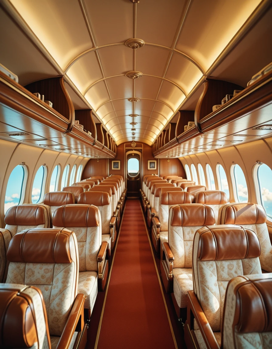 A retro airplane interior from the golden age of air travel, completely empty of people. Rows of wide, plush seats upholstered in rich, patterned fabric face forward, with ample legroom and polished wooden armrests. Overhead storage bins are replaced by open luggage racks, lined with brass rails. Soft, warm lighting glows from art decoâstyle fixtures along the ceiling, reflecting off chrome accents and glossy paneling. Large oval windows offer glimpses of a bright blue sky and drifting clouds. The cabin exudes a sense of elegance and nostalgia, with every detail evoking the glamour of mid-20th-century aviation.retro airplane 1nt3r10r, <lora:retro_airplane_1nt3r10r-i:1>, Masterpiece,best quality,hi res,8k,hi res,8k,award winning,(sharp focus, intricate, highly detailed),