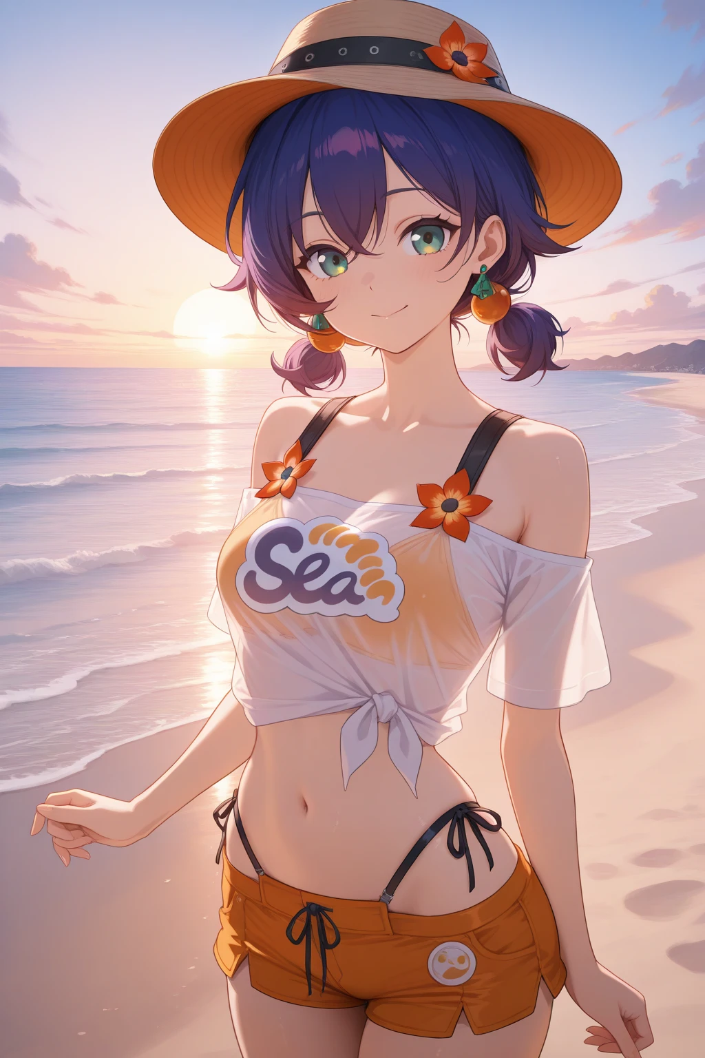very awa, (vivid colors), detailed eyes, shining eyes, masterpiece, best quality, ultra-detailed, (8k), (hdr), (ultra-detailed), absurdres, looking at viewer, solo, 1girl, girl, outdoors, beach, day, smile, aabelle, green eyes, blue hair, short twintails, multicolored hair, bellebeach, bucket hat, earrings, swimsuit, white shirt, short sleeves, bare shoulders, off-shoulder shirt, see-through shirt, red flower, side-tie shirt, orange bikini, navel, orange shorts, short shorts, highleg bikini, bikini under clothes, ((standing, cowboy shot))