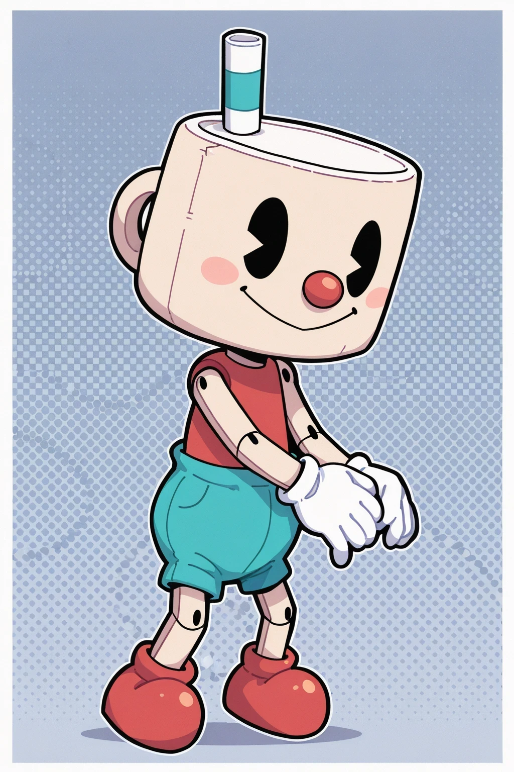 CuppetPuphead, 1boy, wooden marionette, beige cup-shaped head with a teal-and-white straw, red round nose, black oval eyes, no sclera, red shirt, teal shorts, white gloves, red shoes, Wooden hinge joints, solo, upper body, dynamic pose, masterpiece, best quality, amazing quality, very aesthetic, absurdres, newest, upper body, halftone effect, white borders, abstract background:1.2