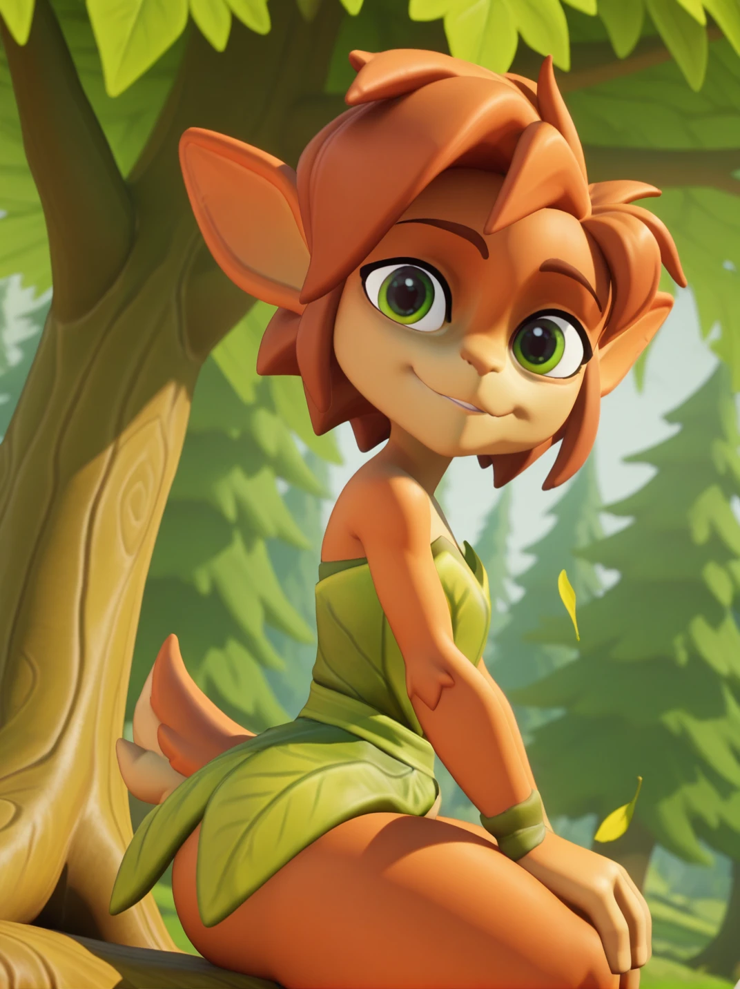 official style, screencap, high quality,
1girl, (EloraXL:1.1), furry female, strapless, leaf dress, body fur, flat chest, green eyes, bangs, animal nose, thick thighs, knees,
 smile, dutch angle, naughty pose, looking at viewer, solo, dynamic pose, cowboy shot, head tilt, sexually suggestive, outdoors, sitting on tree, from side, head tilt, forest,
<lora:AEloraSpyro_character:1>