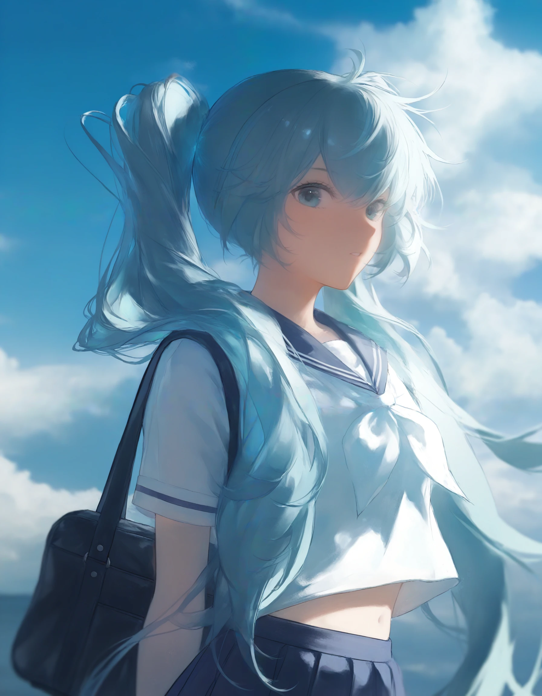 masterpiece, best quality, highres, very awa, very aesthetic, glutton1111, <break> 1girl, hatsune miku, bag, sailor, blue sky, cloud, looking at viewer, blue skirt, , white shirt, bag on shoulder, upper body, close-up, beautiful lighting, blurry foreground, blurry background, stomach <segment:face,0.2,0.4//cid=11>