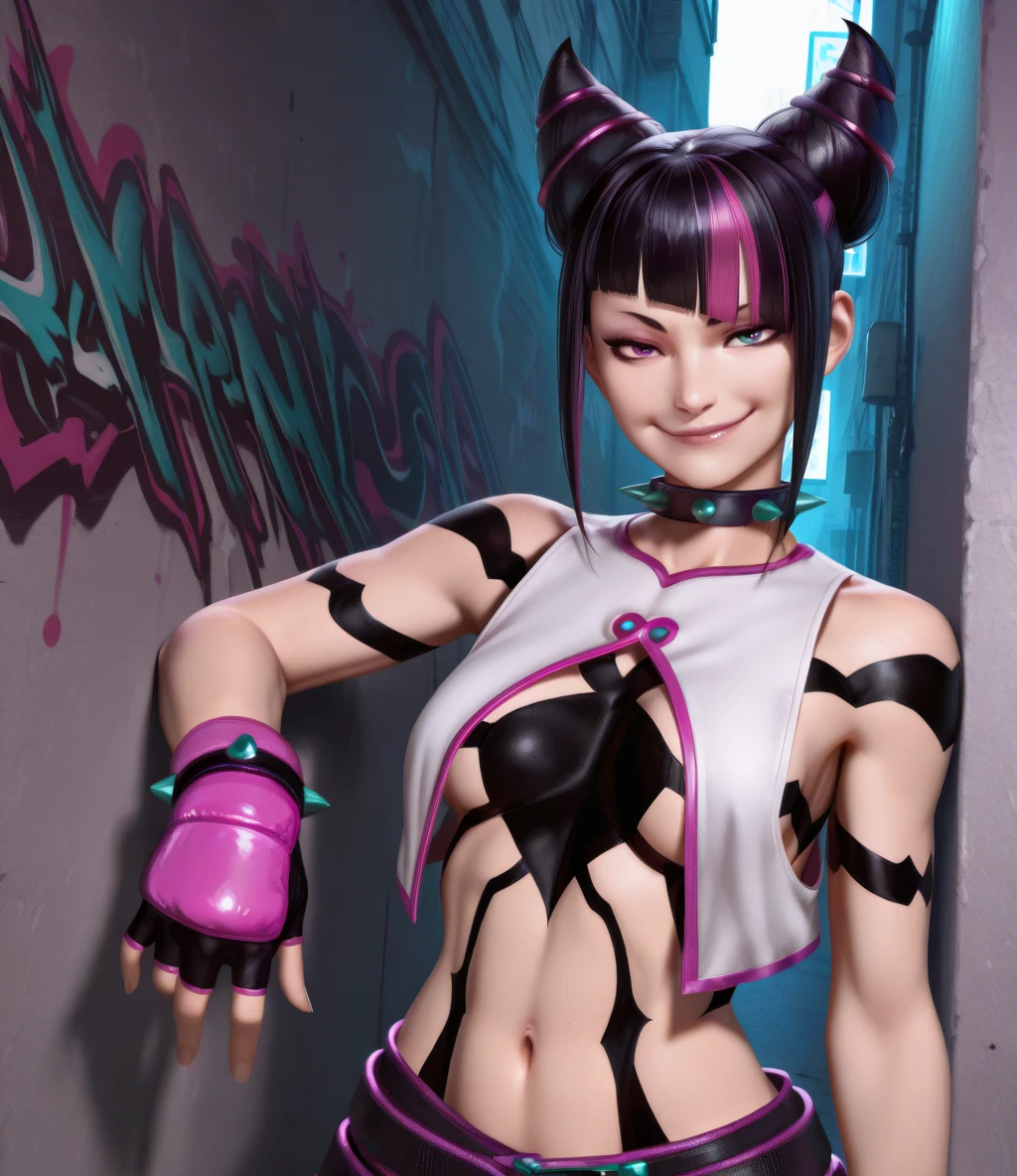 jurisf6xl, two-tone hair, black hair horns, purple eye, aqua eye, heterochromia,
spiked collar, white vest, fingerless gloves, smug,
upper body, standing, belt, navel,
looking at viewer, standing,
urban, graffiti, blue lighting, pink lighting, wall, night,
(insanely detailed, masterpiece, best quality), <lora:JuriSF6xl-12v1-ILL:1>,