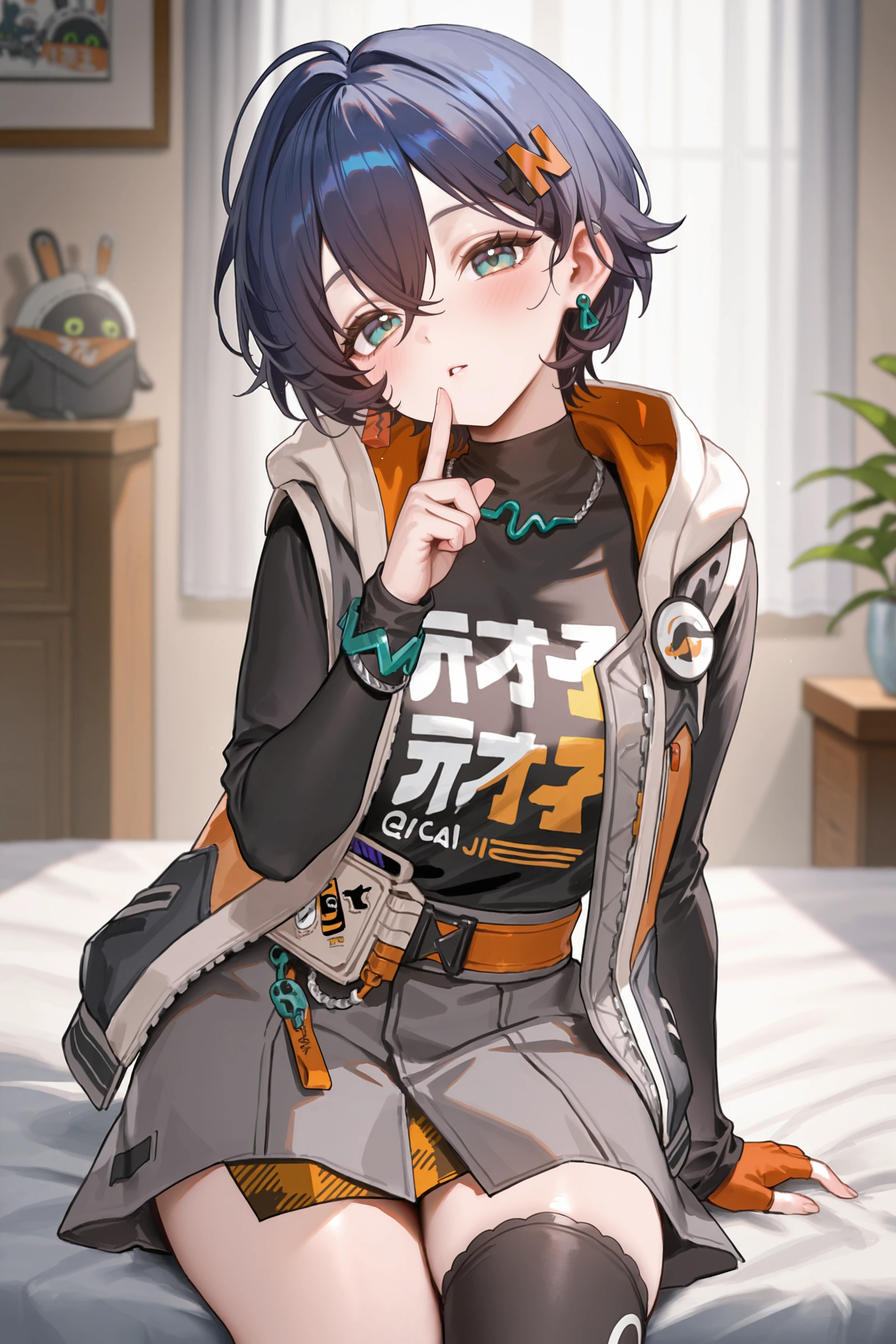 1girl, belle \(zenless zone zero\), solo, letter hairclip, earrings, necklace, black shirt, sleeveless hooded jacket, single fingerless glove, single fingerless glove, bracelet, grey layered skirt, single black thighhigh, bedroom, sitting on bed, bedroom, cowboy shot, finger to mouth, head tilt, parted lips, looking at viewer, blush, depth of field <lora:Char-ZZZ-Belle-V2-IL:0.9:hr=0.6>, mimoza \(96mimo414\), rei \(sanbonzakura\), mochi \(circle rin\), (rhasta, yonchan, watao, minaba hideo:0.95)
masterpiece, best quality, amazing quality, very aesthetic, absurdres, newest, (scenery, volumetric lighting)