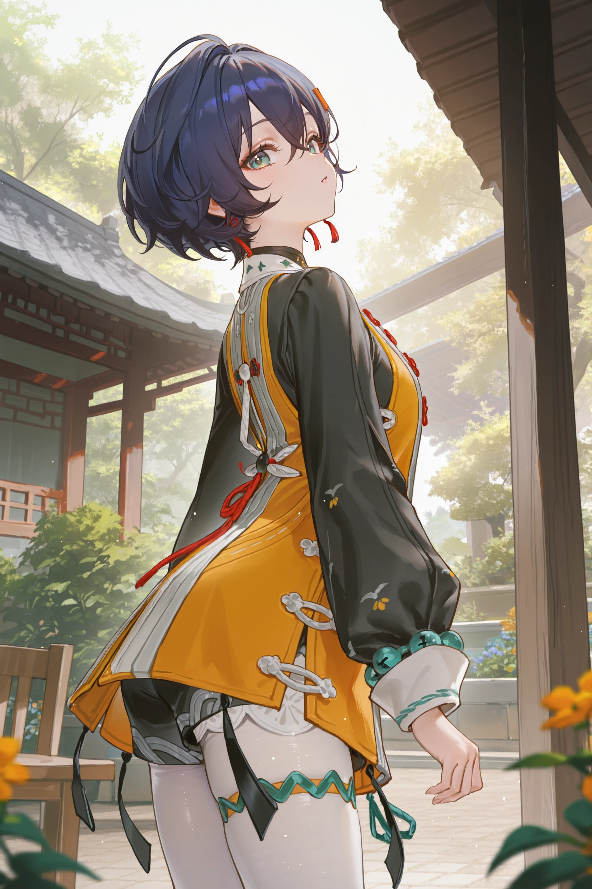 1girl, belle \(zenless zone zero\), letter hairclip, tassel earrings, puffy long sleeves, yellow sleeveless dress, white pantyhose, thigh strap, cowboy shot, standing, contrapposto, arched back, from side, from below, looking at viewer, aroused, chair, garden, east asian architecture, outdoors, depth of field <lora:Char-ZZZ-Belle-V2-IL:0.9:hr=0.6>, mimoza \(96mimo414\), rei \(sanbonzakura\), mochi \(circle rin\), (rhasta, yonchan, watao, minaba hideo:0.95)
masterpiece, best quality, amazing quality, very aesthetic, absurdres, newest, (scenery, volumetric lighting)