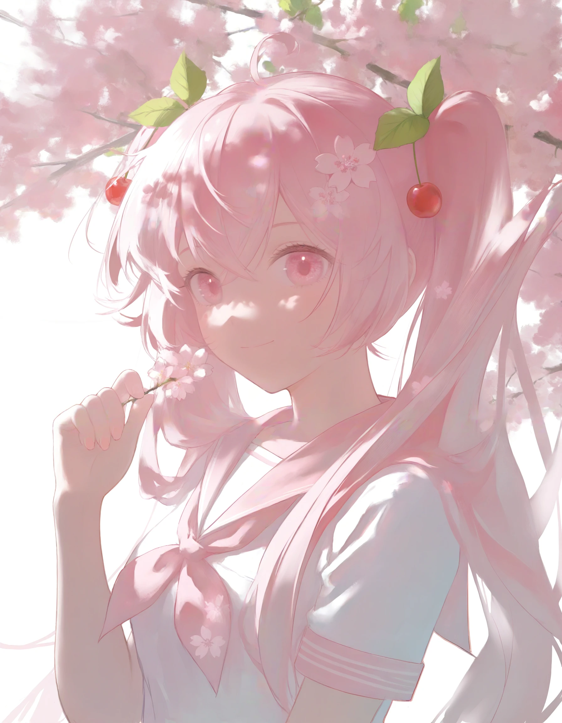 masterpiece, best quality, highres, very awa, very aesthetic, glutton1111, <break> 1girl, sakura miku, pink theme, hand up, smile, dappled light, holding, white background, pastel colors, sunlight, sailor, food-themed hair ornament, cherry blossoms, short sleeves <segment:face,0.2,0.4//cid=11>