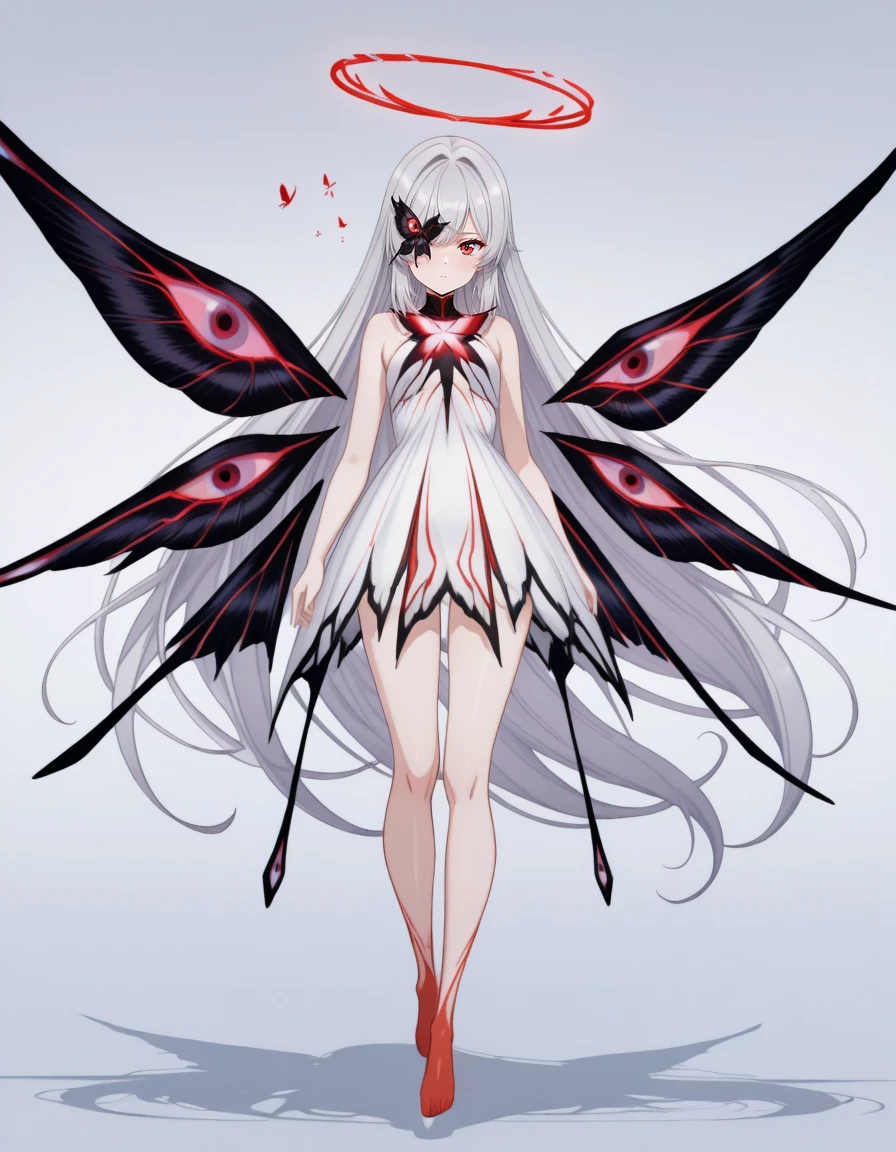 masterpiece,best quality,amazing quality,very aesthetic,high resolution,ultra detailed,perfect details,
1girl,solo,looking_at_viewer,<lora:mai_pgr_chaos:0.8>,maipgrchaos,very_long_hair,red_eyes,bare_shoulders,grey_hair,sidelocks,butterfly over eye,white_dress,floating,multiple_wings,barefoot,no halo,red halo,<lora:Urushihara Satoshi_illustriousXL:1>,retro artstyle,old version,