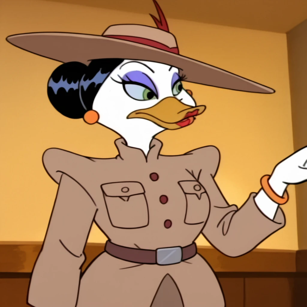 <lora:Vanderbucks_illustrious_v1:1>  VanderbucksSafariHat, 1girl, hat, jewelry, belt, bracelet, furry female, earrings, green eyes, pocket, uniform, makeup, long sleeves, black hair, short hair