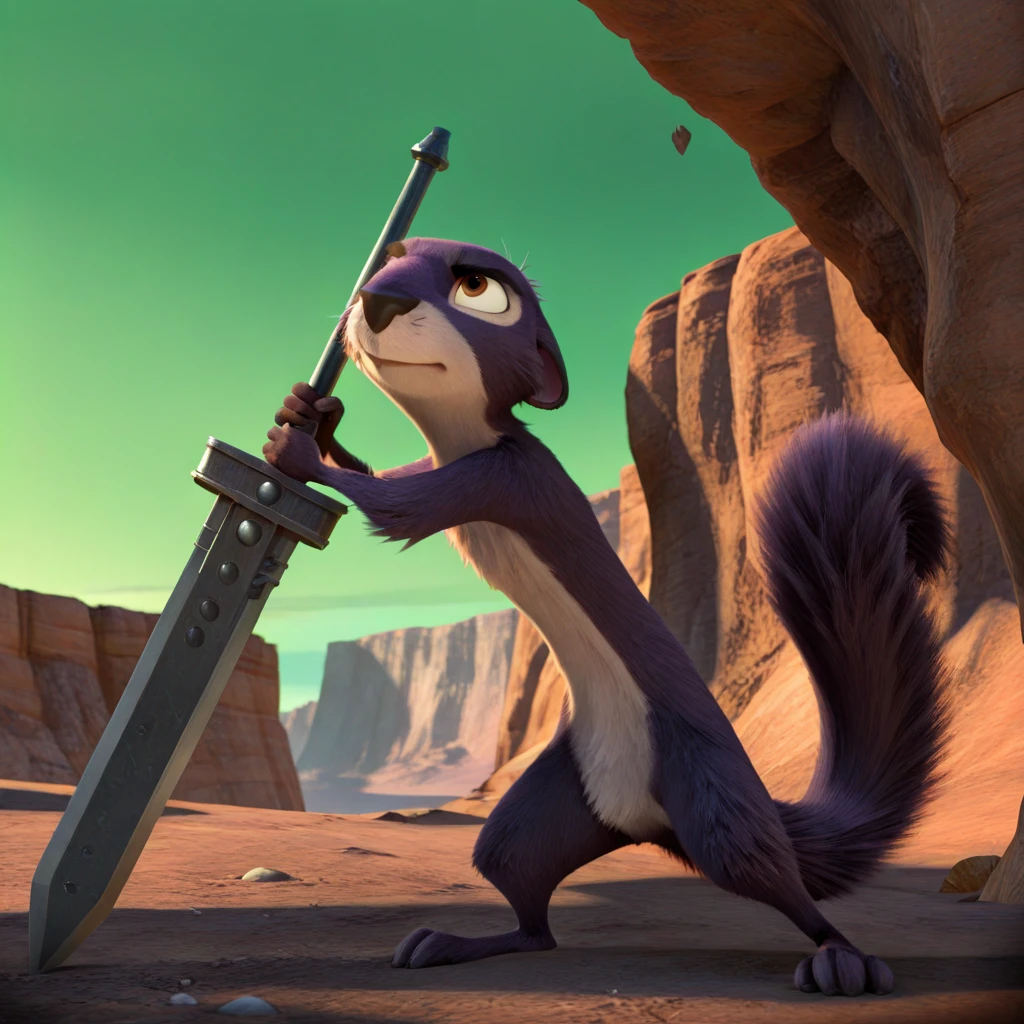 <lora:Surly_Squirrel_Nut_Job_-_Illustrious:1> Surly, 1boy, 3d, looking up, holding object, buster sword, looking away, fighting stance, masterpiece green sky, canyon,