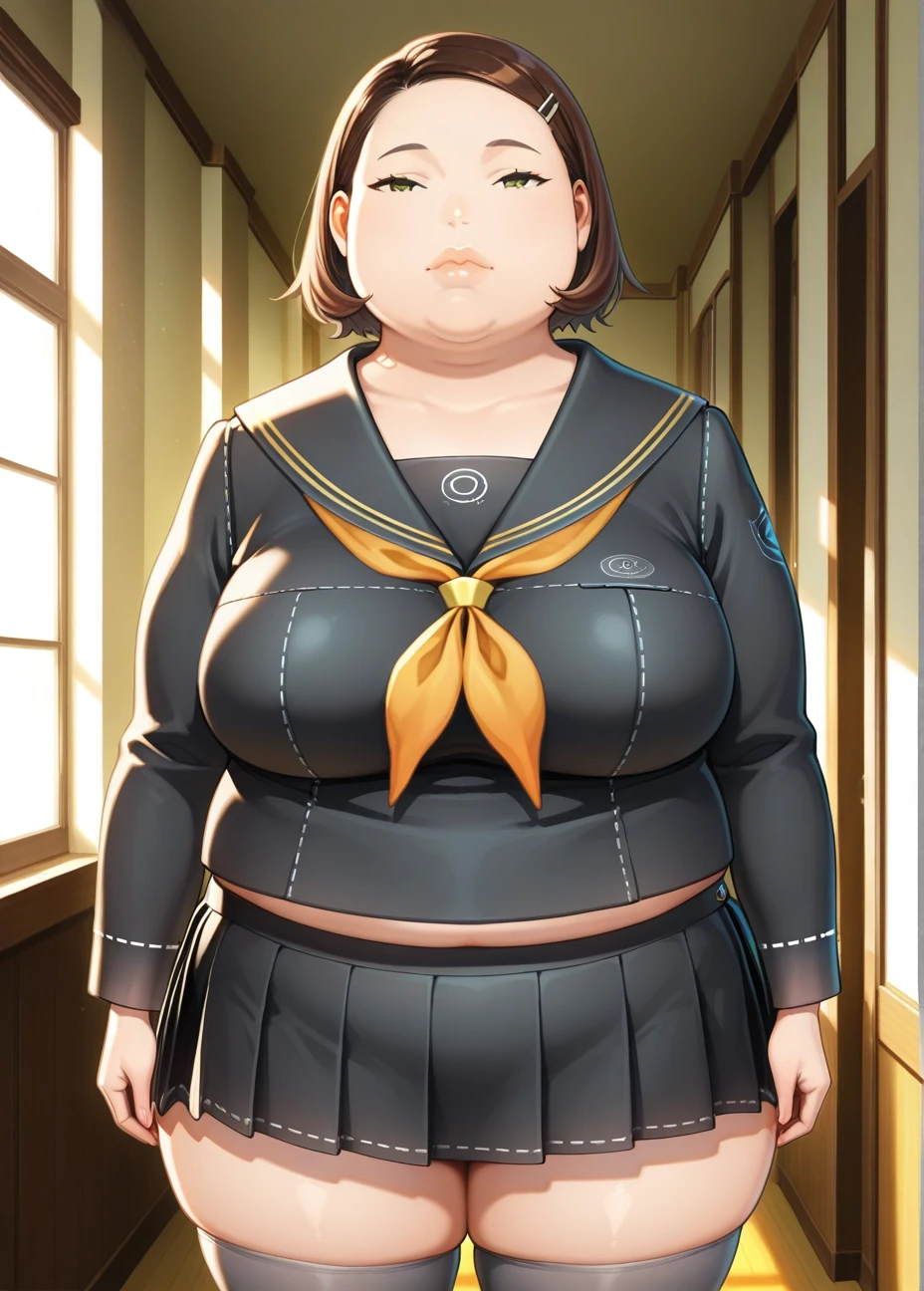 masterpiece, best quality, absurdres, <lora:Hanako_Ohtani_Persona_4:0.8>, hnk_otn, (hanako ohtani:1.1), 1girl, brown hair, standing, indoors, plump, fat, serafuku, yasogami school uniform, looking at viewer, thick lips, feet out of frame, cowboy shot, expressionless, thighhighs, official art, short hair, face focus,