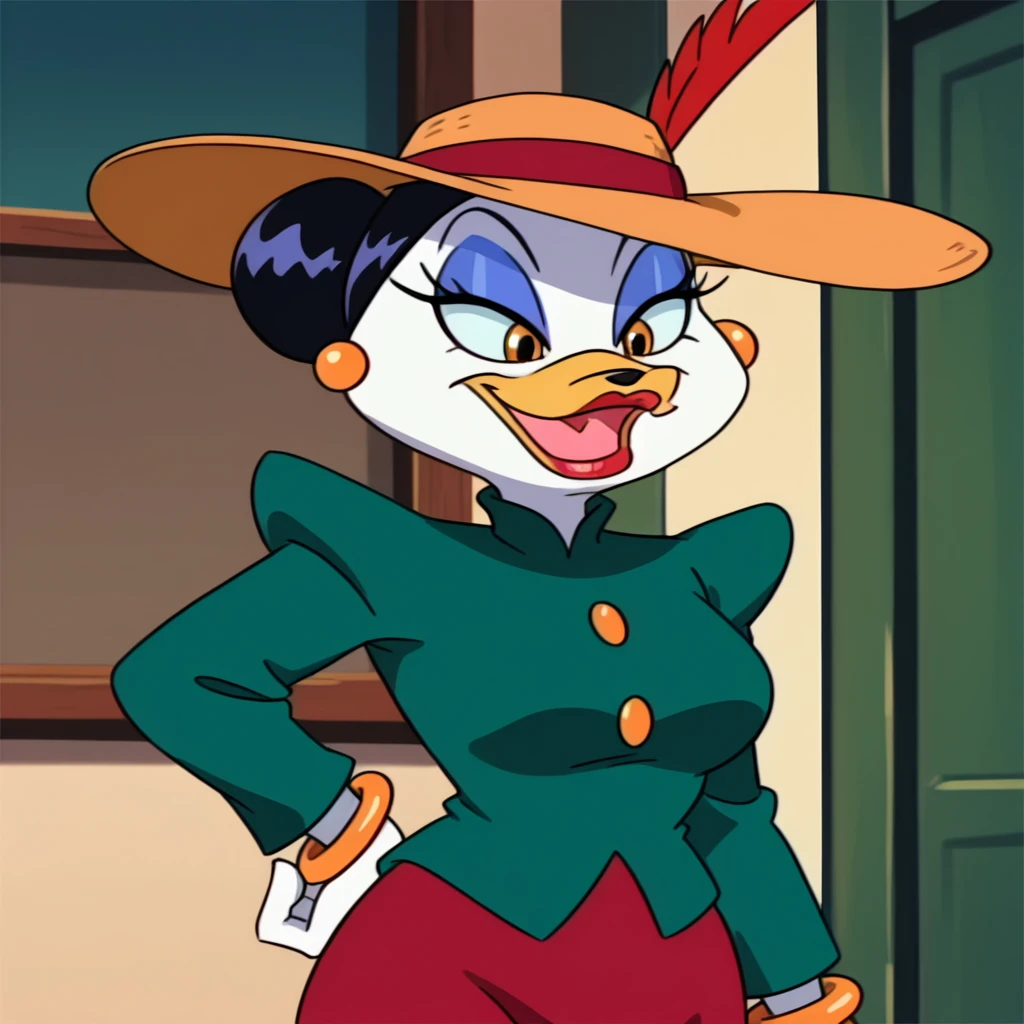 <lora:Vanderbucks_illustrious_v1:.7> VanderbucksGreenDressHat, hat, 1girl, red skirt, makeup, jewelry, furry female, black hair, bracelet, lipstick, medium breasts, blue eyeshadow, long sleeves,green shirt