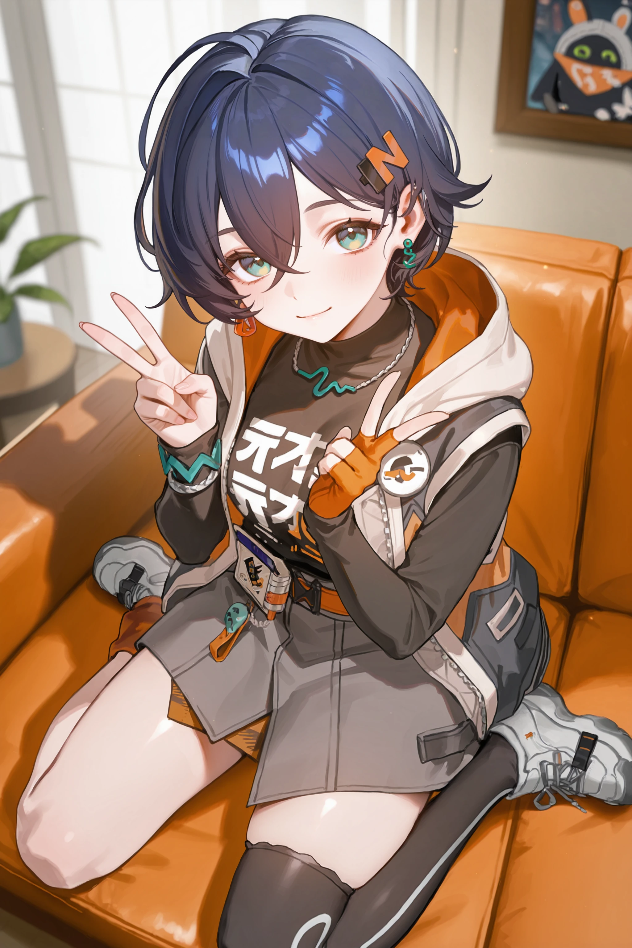 1girl, belle \(zenless zone zero\), solo, letter hairclip, earrings, necklace, black shirt, sleeveless hooded jacket, single fingerless glove, single fingerless glove, bracelet, grey layered skirt, single black thighhigh, single orange sock, asymmetrical legwear, sneakers, full body, wariza, sitting, from above, double v, light smile, looking at viewer, living room, depth of field <lora:Char-ZZZ-Belle-V2-IL:0.9:hr=0.6>, mimoza \(96mimo414\), rei \(sanbonzakura\), mochi \(circle rin\), (rhasta, yonchan, watao, minaba hideo:0.95)
masterpiece, best quality, amazing quality, very aesthetic, absurdres, newest, (scenery, volumetric lighting)