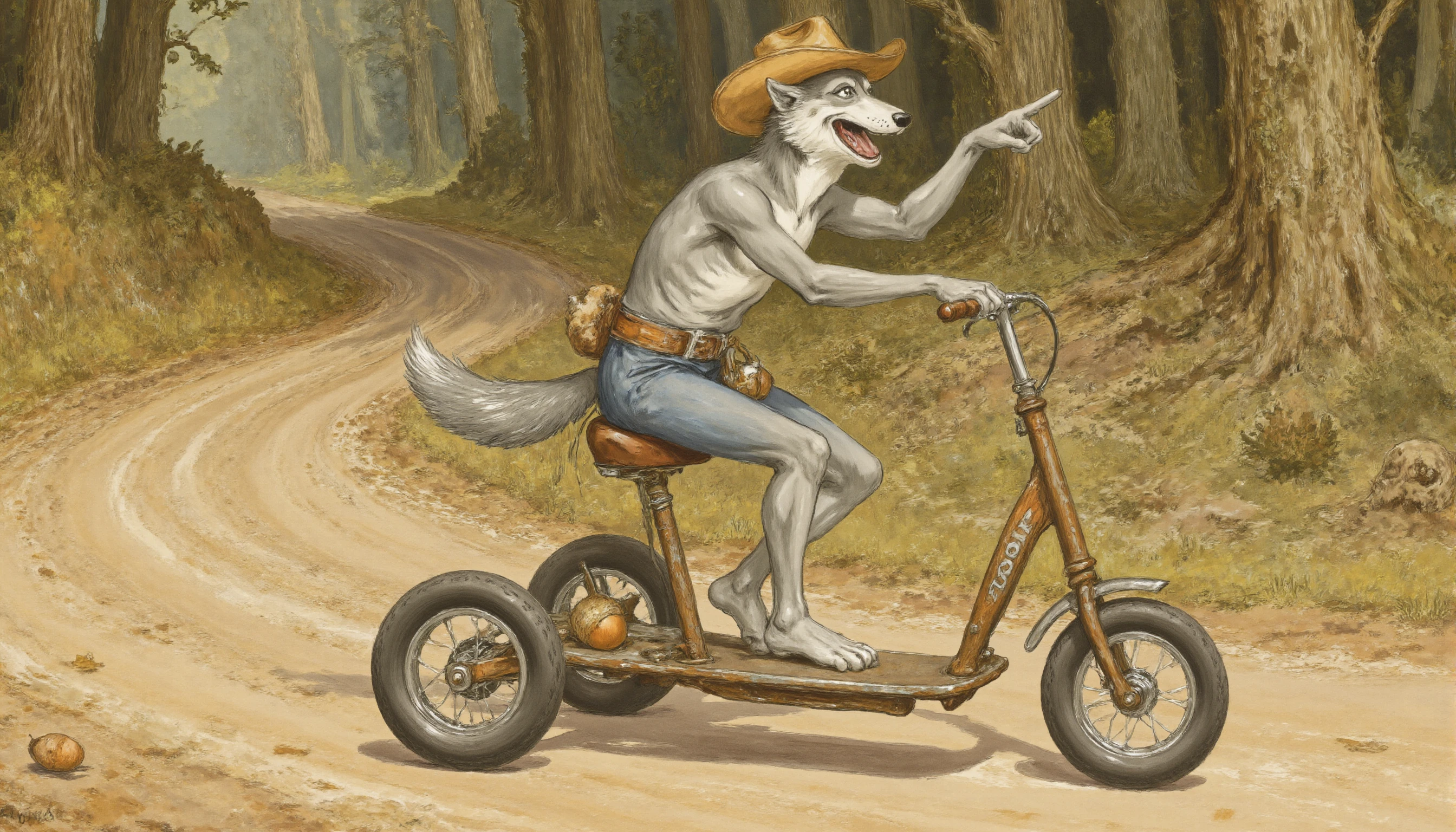 Norman Rockwell style Rembrandt van Rijn style <lora:timokha:1>,3. Timokha the Rider â Down the Wild Trail
A lean wolf speeding down a winding forest trail on his slightly rusty, three-wheeled scooter. He leans into a turn, one paw on the handlebars, the other pointing ahead with a grin. His cowboy hat is nearly blown off by the wind. Leaves swirl around his wheels, and a trail of nuts bounces behind him. Background: autumn forest with golden light, vines arching over the path. Style: whimsical childrenâs book illustration, soft watercolor textures, warm lighting. Mood: adventurous, free, full of motion. Symbol: a single acorn lodged in the scooterâs wheel â a souvenir of the last adventure. . Baroque, self-portrait, chiaroscuro, etching, "Rococo . Realistic, narrative, Americana, detailed, "abstract