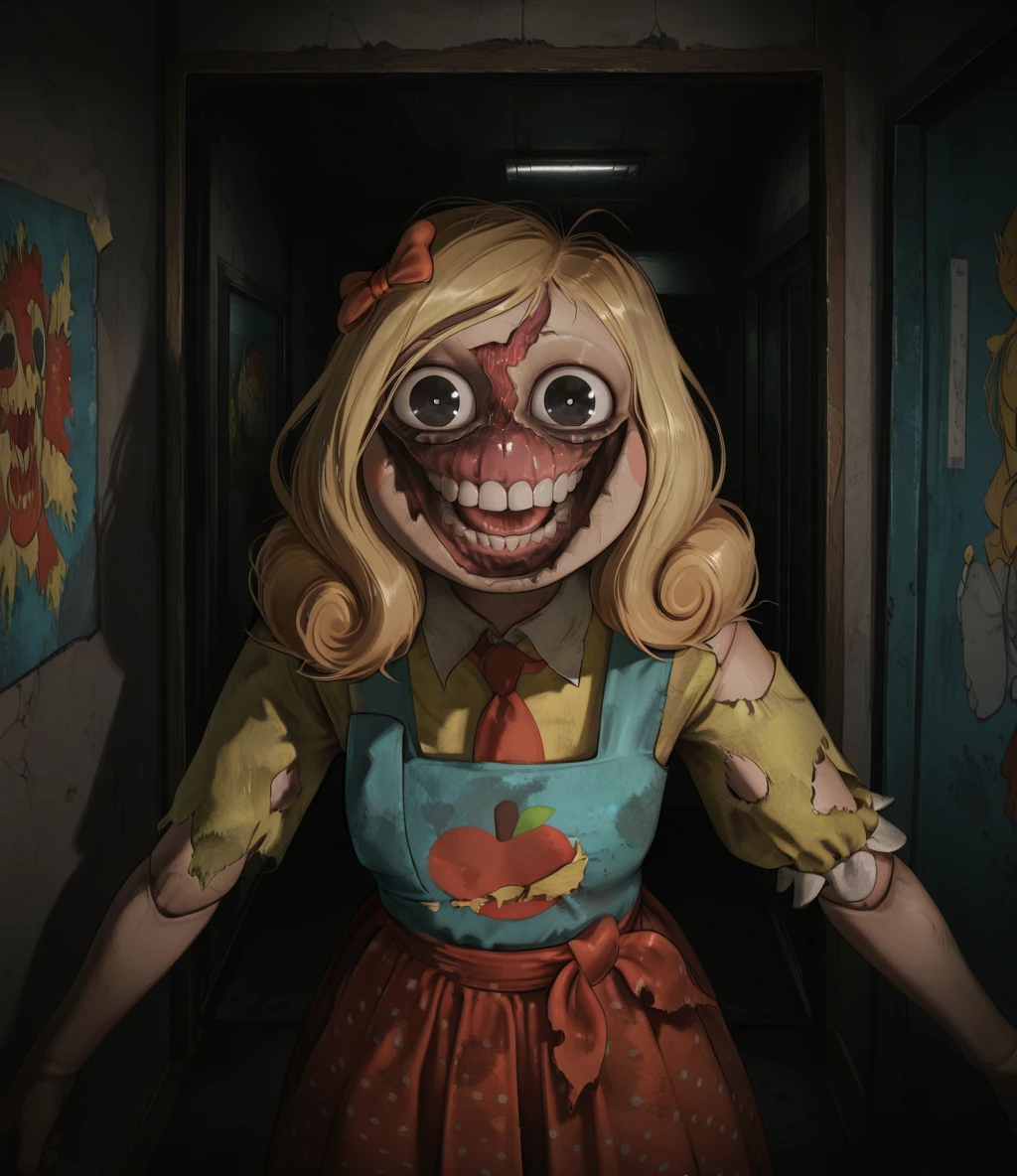 score_9, score_8_up, score_7_up, score_6_up, score_5_up, score_4_up, 
mssdlghtxl, black eyes, blonde hair, single hair bow, teeth, 
torn clothes, necktie, dress, 
looking at viewer, 
indoors, colored room, dark, 
solo, 
(insanely detailed, masterpiece, best quality), <lora:missdelightXL-12v1-iLL:1>,