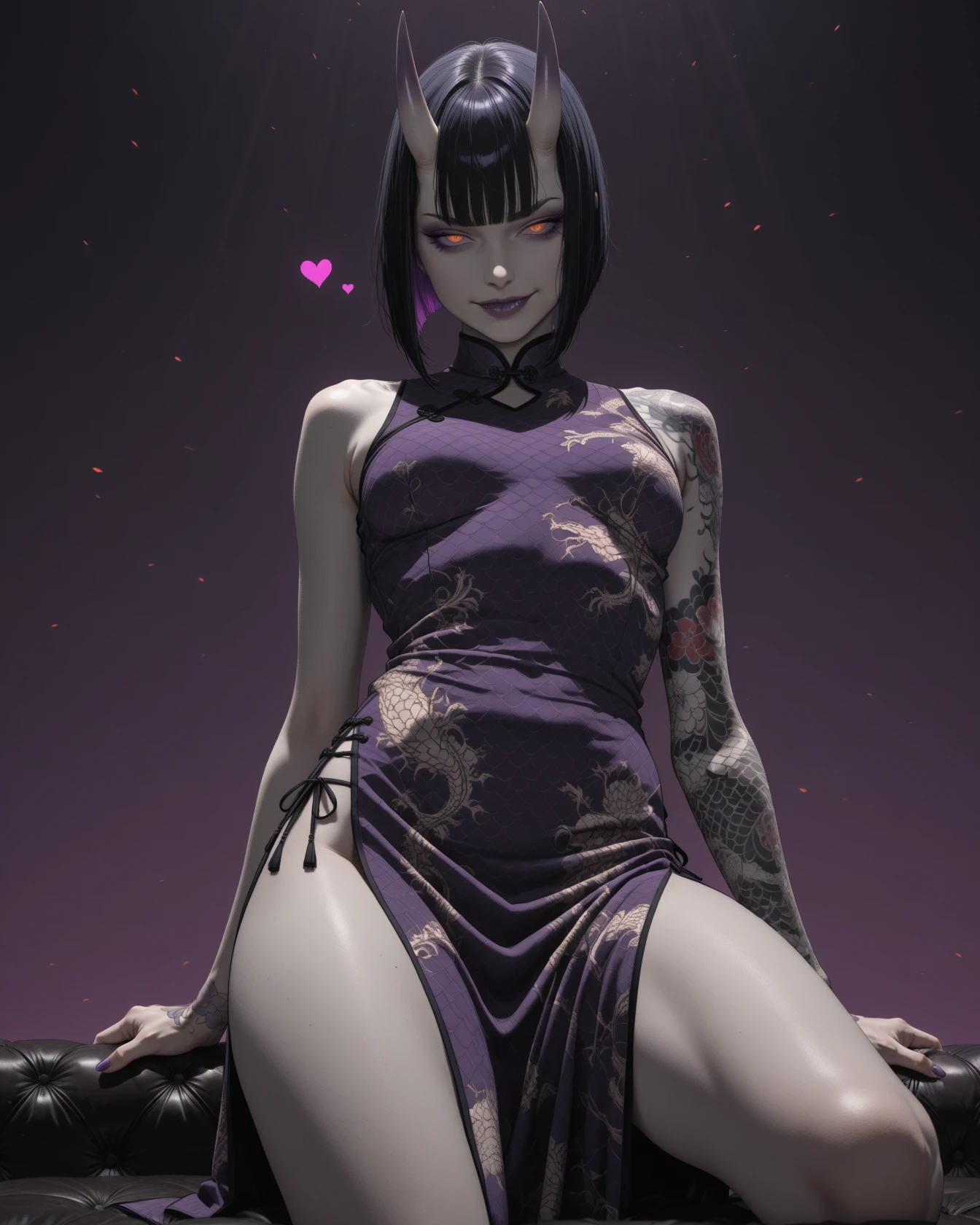 lazypos, hyper detailed, cinematic composition, masterpiece, best quality, hyper detailed, cinematic composition,, cropped at the thighs, low perspective, (1futa, solo, (pale skin, black hair, orange eyes, purple lips, small breasts, inverted bob, purple inner hair, purple eyeshadow), skin-covered horns, fang, chinese dress, smug, arm tattoos, shoulder tattoo, upper body shot, interesting pose, heart hamds,
detailed eyes, Sinozick_illu,gradient,spot color,
lazypos, 8k resolution, high dynamic range, absurdres, stunningly beautiful, intricate details, sharp focus, cinematic color grading, high-resolution texture,