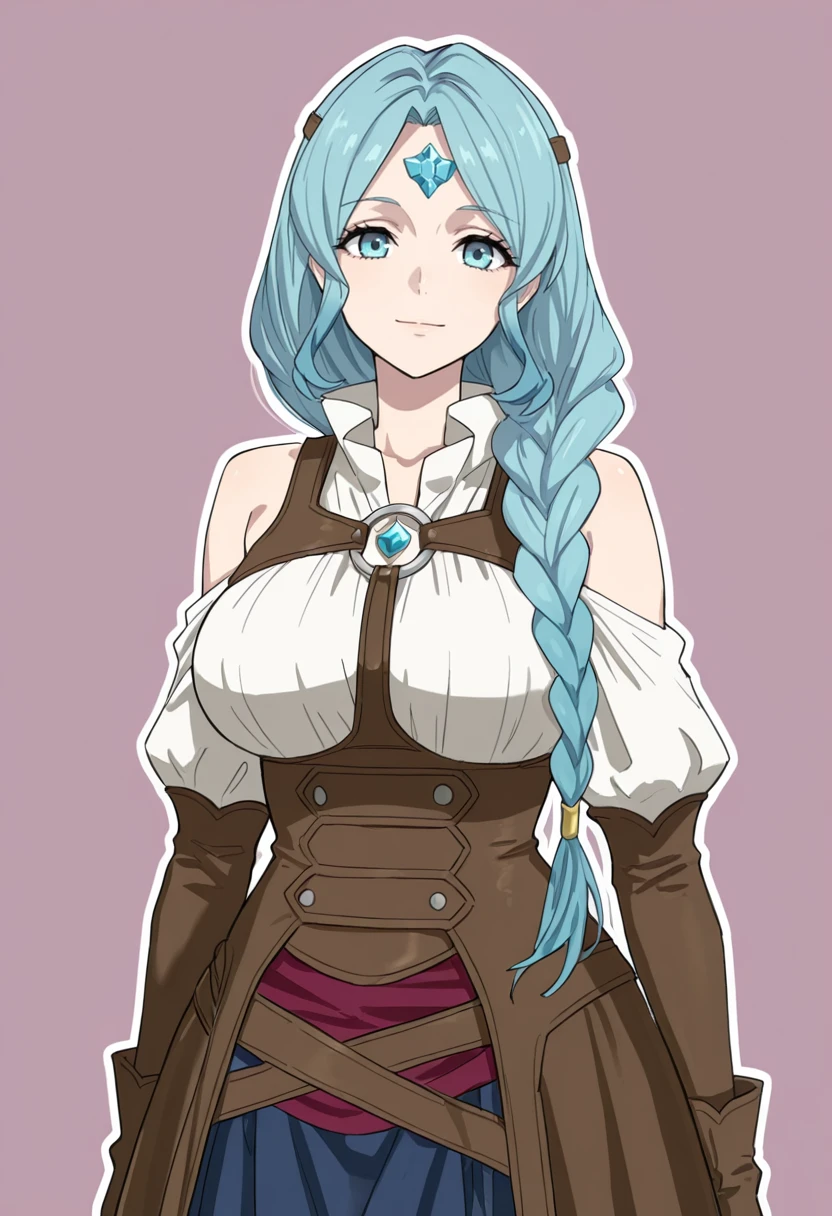 masterpiece, best quality,
1girl, solo,
standing, cowboy shot,
looking at viewer, light smile,
simple background, pink background, white outline,
<lora:Hintobento:0.7> h1nt0b3nt0sknsfw,
<lora:Therese:1> Th3r3s3, blue eyes, long hair, blue hair, forehead jewel, gem, braid, colored tips, sidelocks,
gloves, skirt, shoulders, o-ring top,