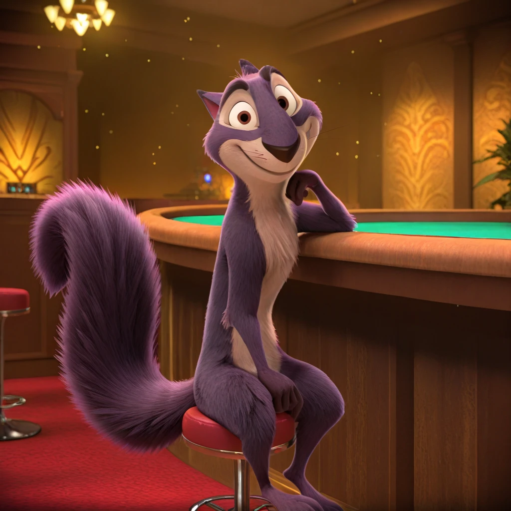 <lora:Surly_Squirrel_Nut_Job_-_Illustrious:1> 1boy, Surly, 3d, casino, tuxedo, lights, caustics, light particles, toon \(style\), black clothes, bottomless, sitting, bar stool, bar, looking at viewer, smile, masterpiece