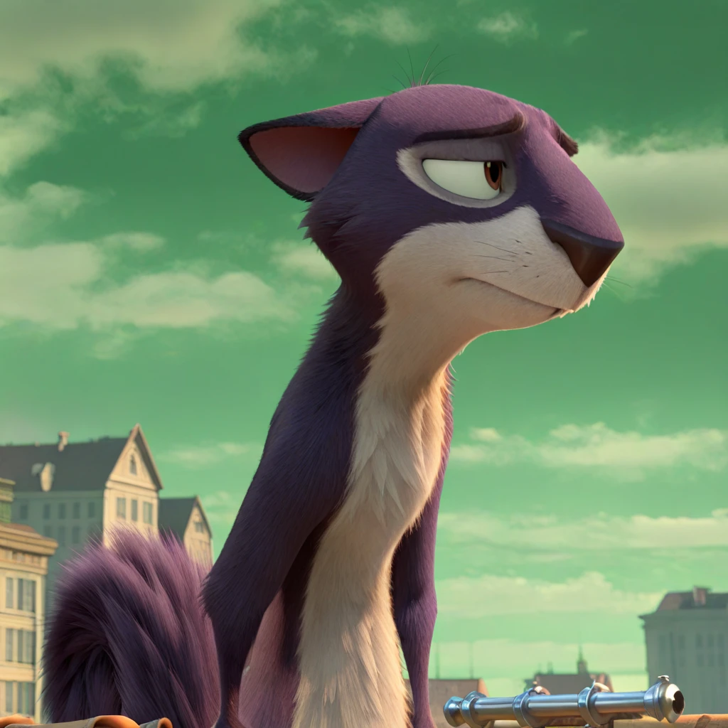 <lora:Surly_Squirrel_Nut_Job_-_Illustrious:1> Surly, 1boy, 3d, upper body, looking away, cloudy, buildings, pipes, green sky, depressed, masterpiece