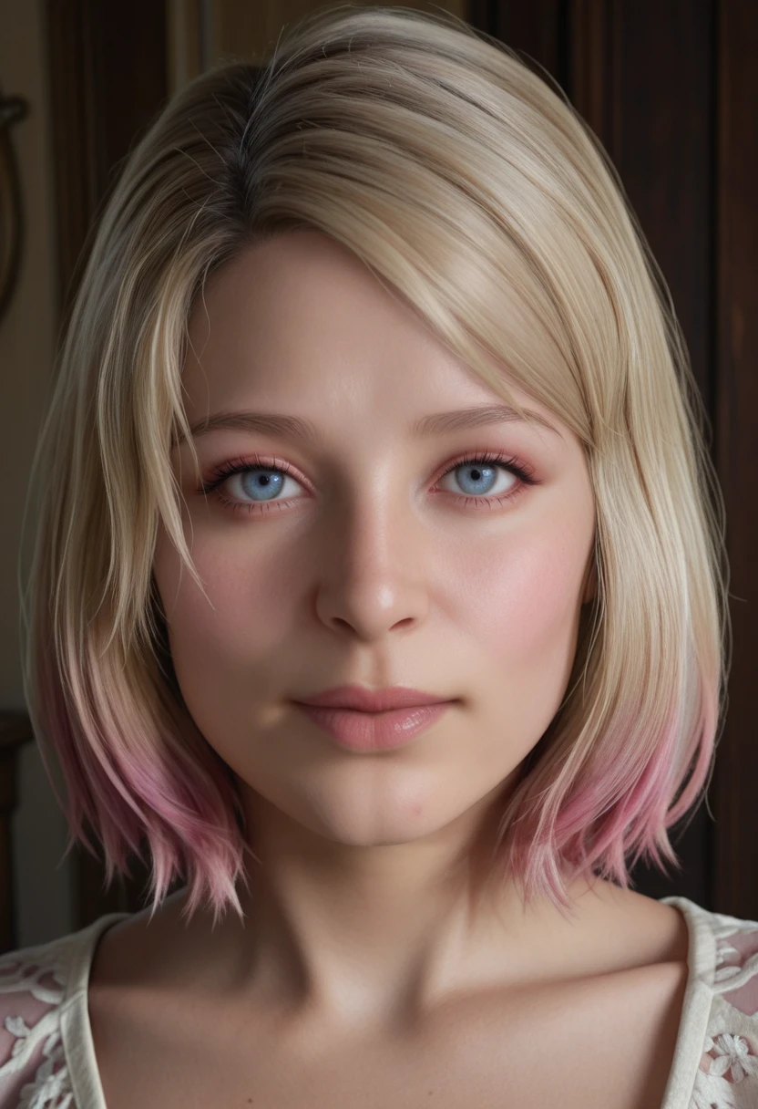 very awa, masterpiece, best quality, absurdres, newest, perfect quality, detailed background, intricate details
<lora:ILSH2RMaria:1>
SH2RMaria, 1girl, blue eyes, blonde hair, pink hair, gradient hair, short hair, realistic, looking at viewer, portrait