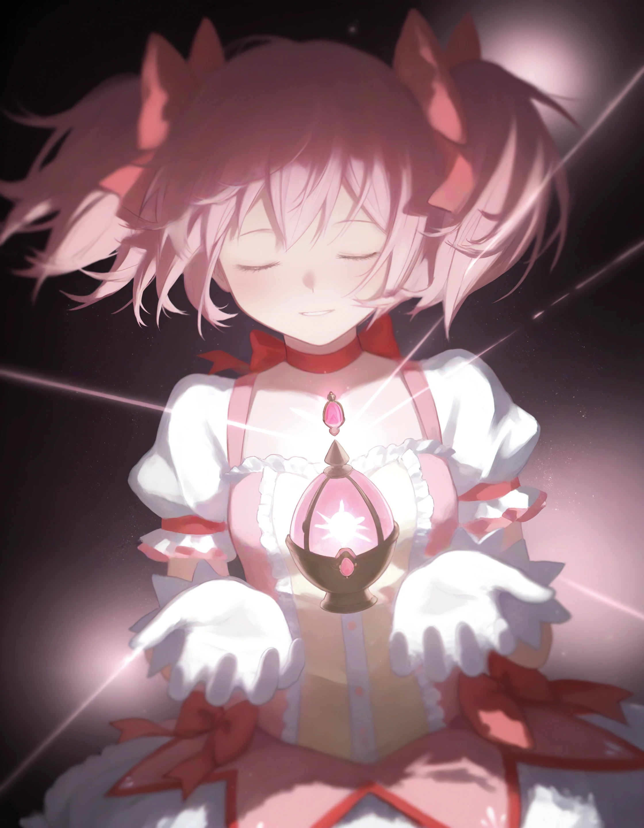 masterpiece, best quality, highres, very awa, very aesthetic, glutton1111, <break>  1girl, kaname madoka \\(magical girl\\), soul gem, closed eyes, light rays, glowing, holding, pink theme, dutch angle, light particles, blurry foreground, chromatic aberration, dark theme,
